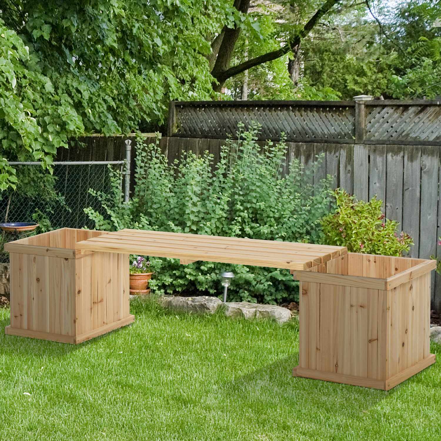 Trädgårdsbänk med dubbla planteringar, naturlig finish