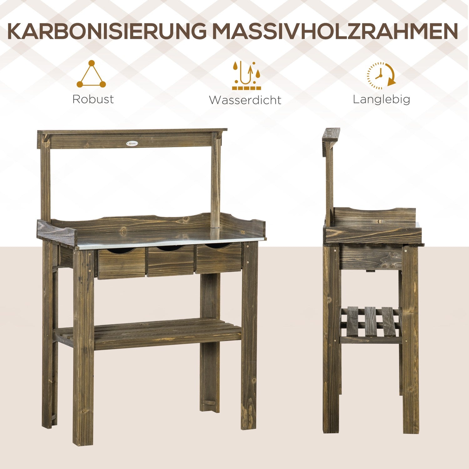Trädgårdsbord med 3 lådor & krokar, 78x38x112 cm