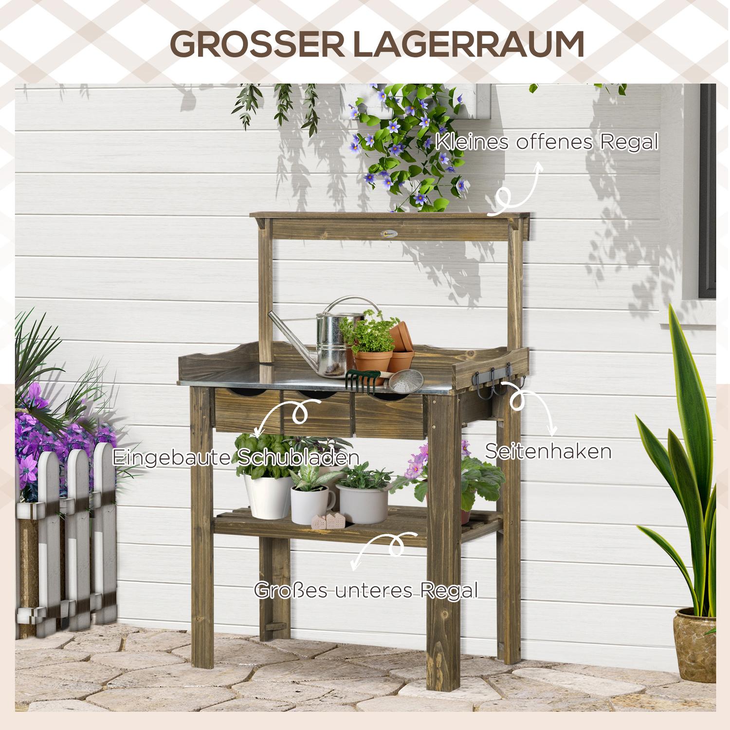 Trädgårdsbord med 3 lådor & krokar, 78x38x112 cm
