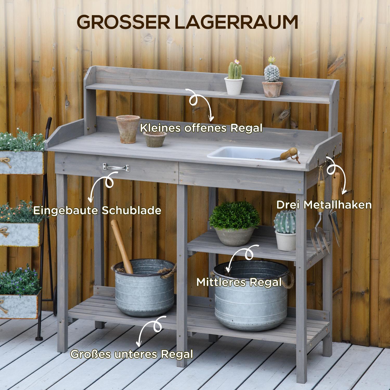 Trädgårdsbord med badkar för blommor, Grå 117×45×121 cm