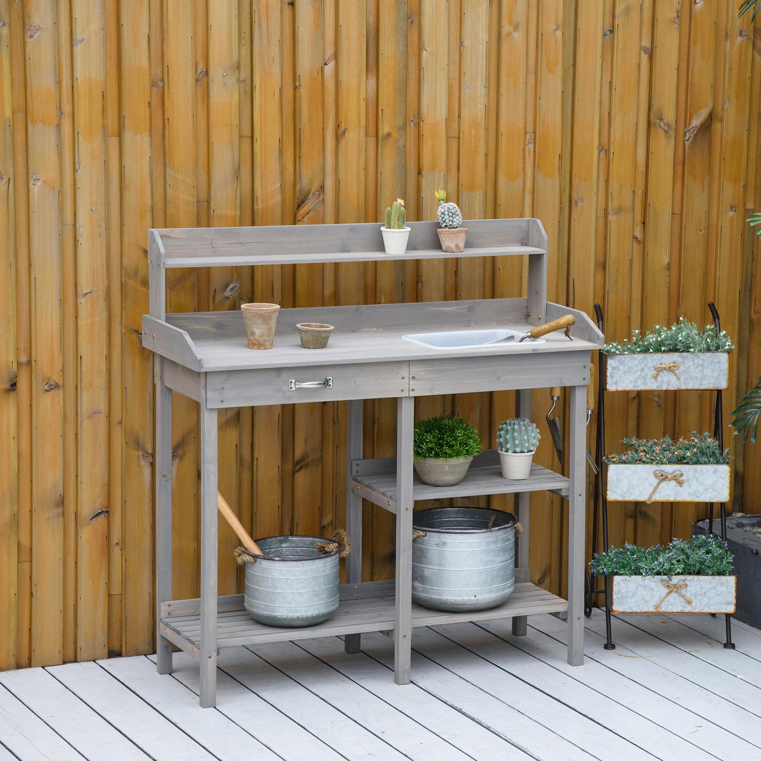 Trädgårdsbord med badkar för blommor, Grå 117×45×121 cm