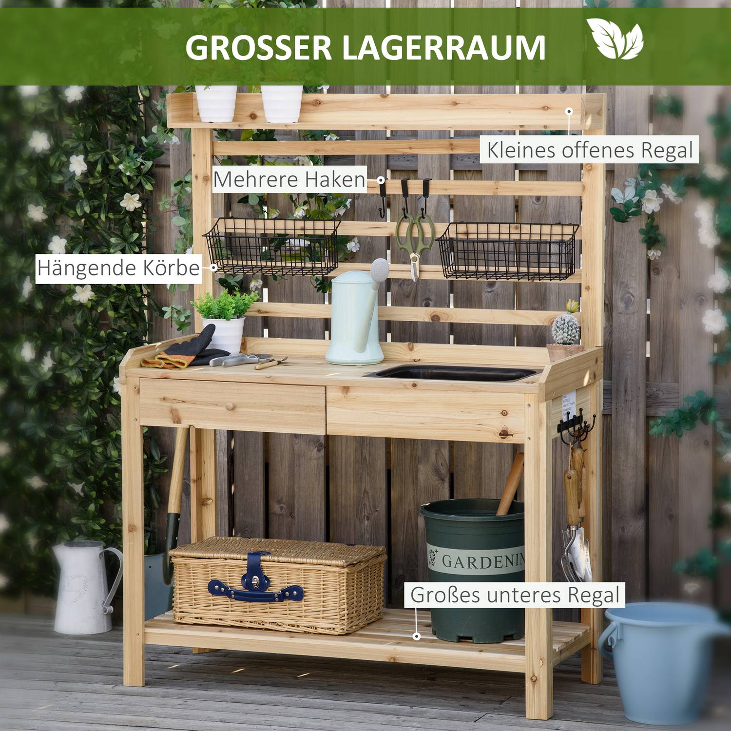 Trädgårdsbord med handfat, låda och hylla, 107,5 cm