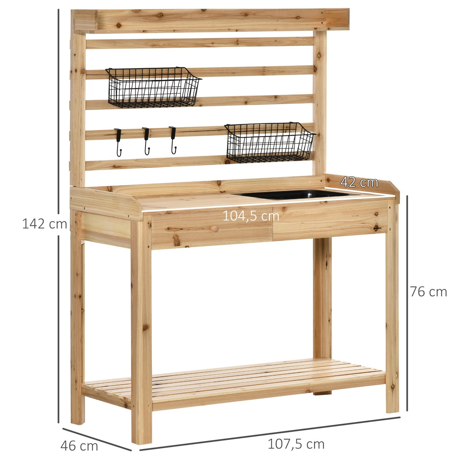 Trädgårdsbord med handfat, låda och hylla, 107,5 cm