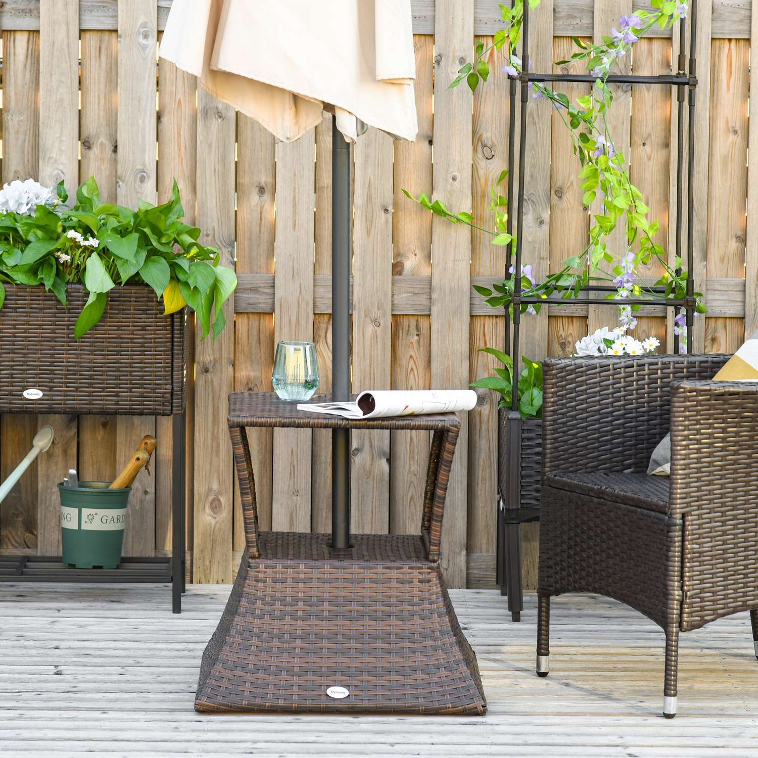 Trädgårdsbord med parasollställ – Polyrattan, Brun, 54x54x55 cm