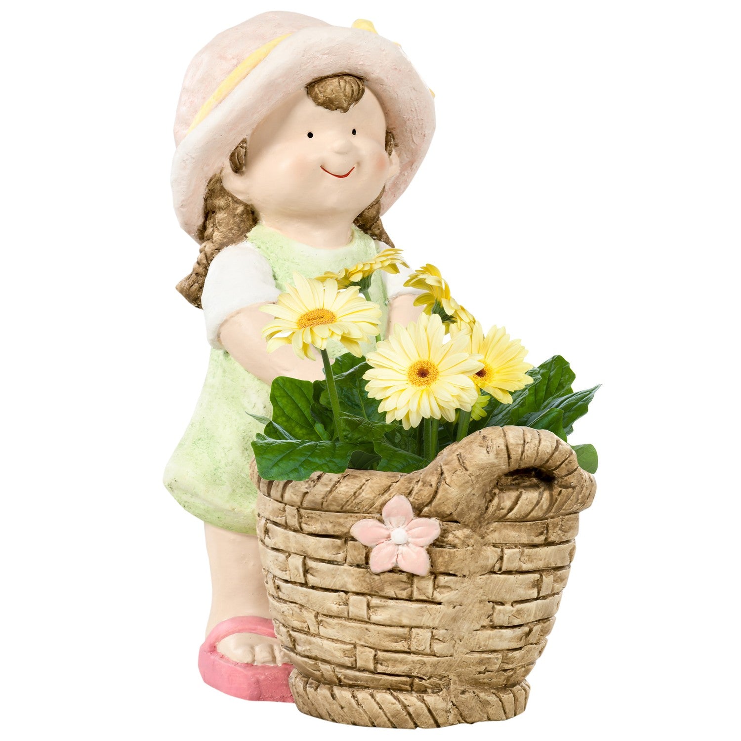 Trädgårdsfigur – flicka med blomkruka, väderbeständig skulptur