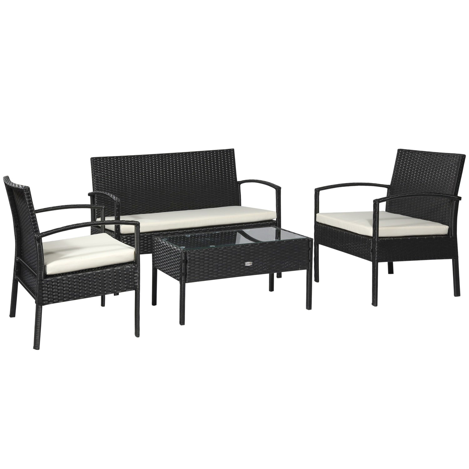 Trädgårdsloungeset i polyrattan med kuddar, svart, säten 4