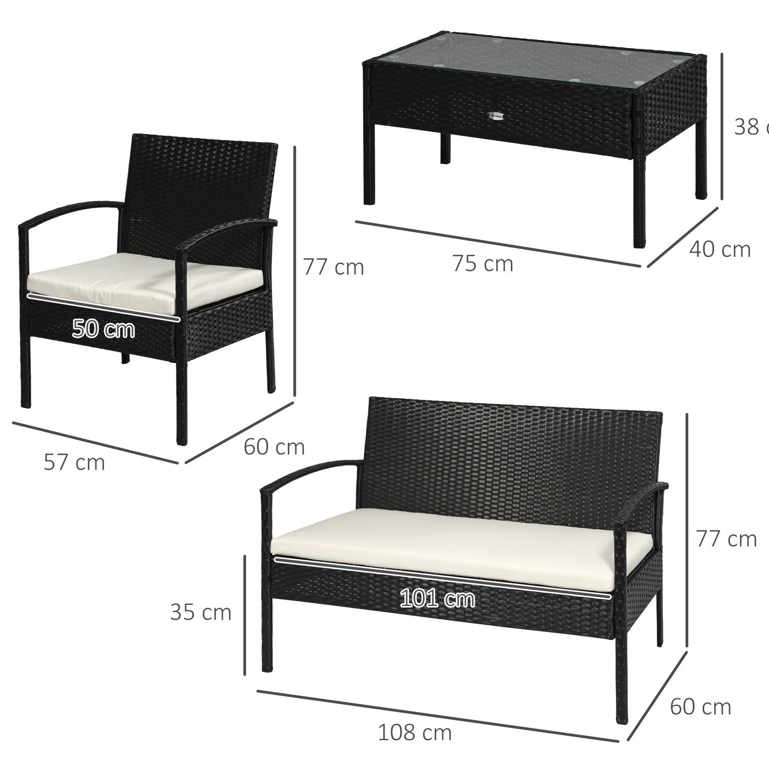Trädgårdsloungeset i polyrattan med kuddar, svart, säten 4