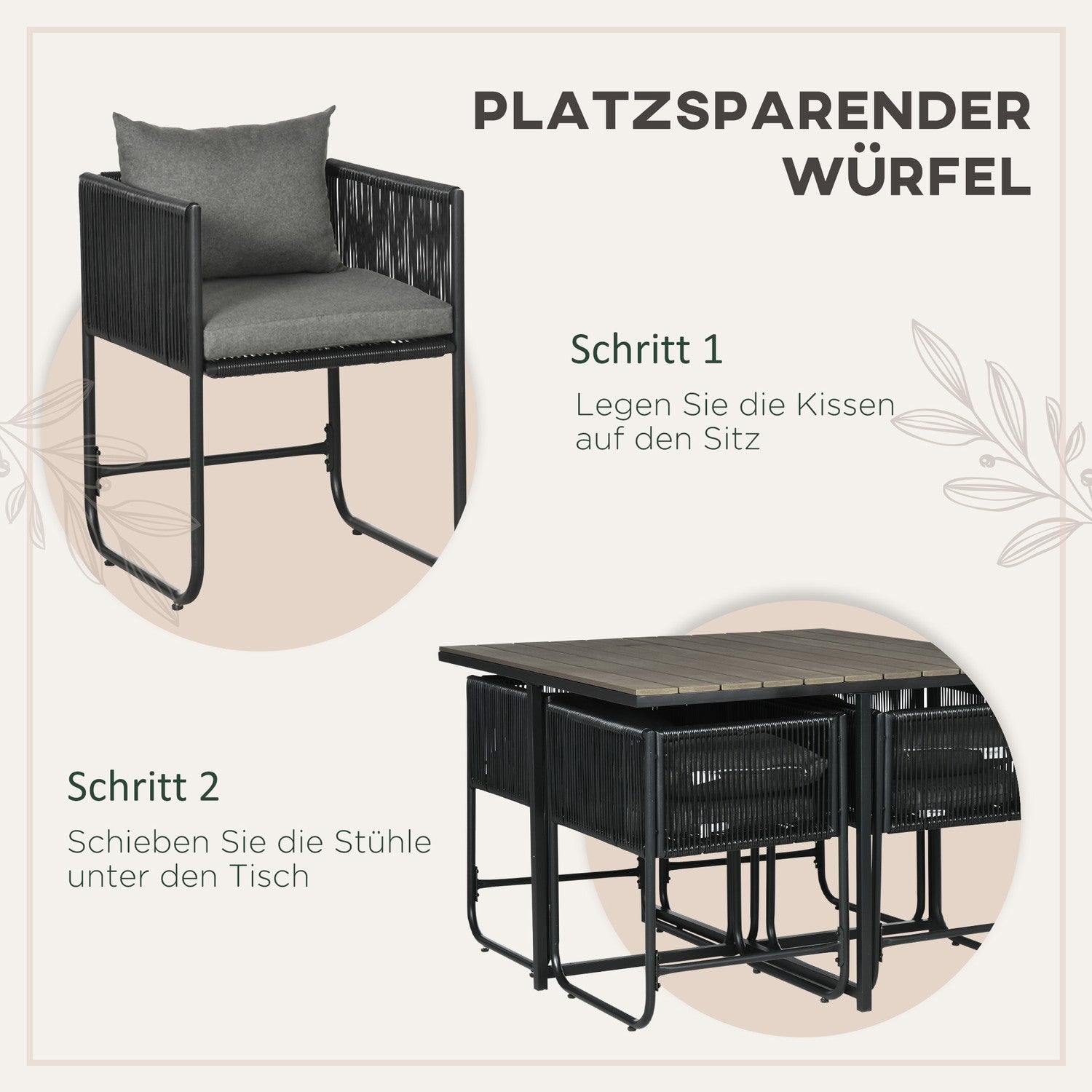 Trädgårdsmatset i polyrattan – 5 delar, inklusive bord och stolar