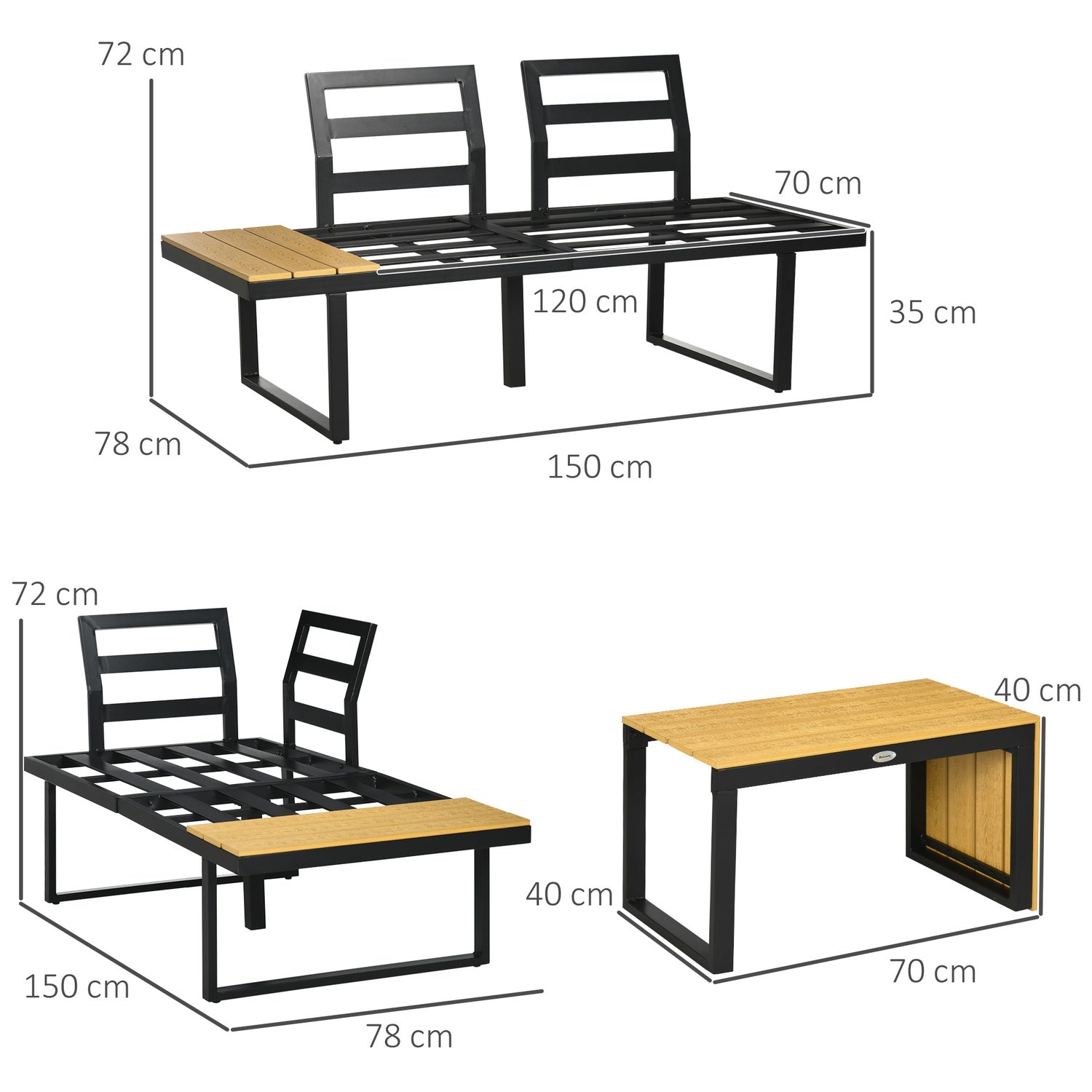 Trädgårdsmöbelset för 3, aluminium & trälook, mörkgrå