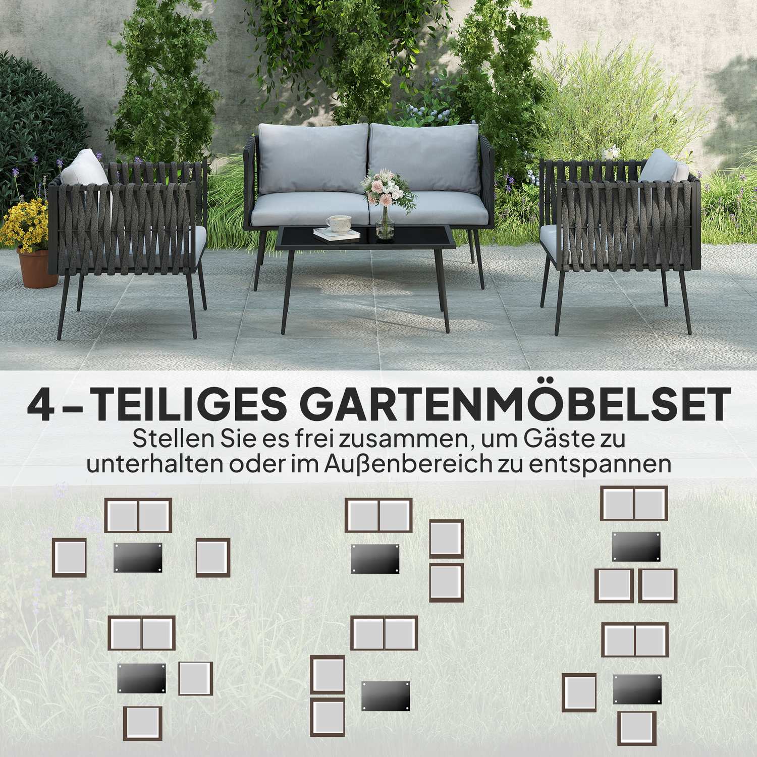 Trädgårdsmöbelset för 4 personer, väderbeständig, balkongmöbelset med 2-sits soffa, fåtölj, glasbord, sittdyna, ljusgrå