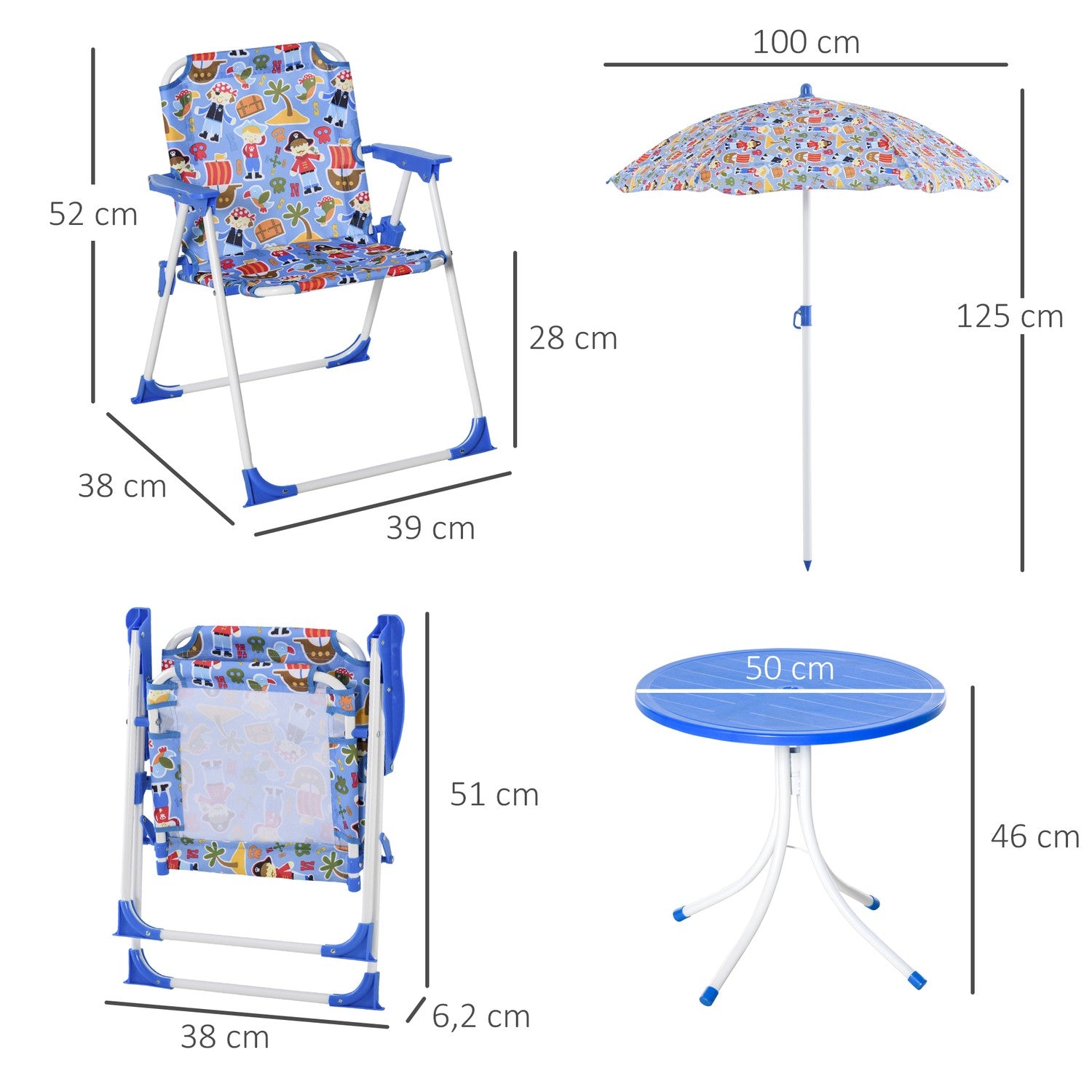Trädgårdsmöbler för barn – bord, 2 stolar, parasoll