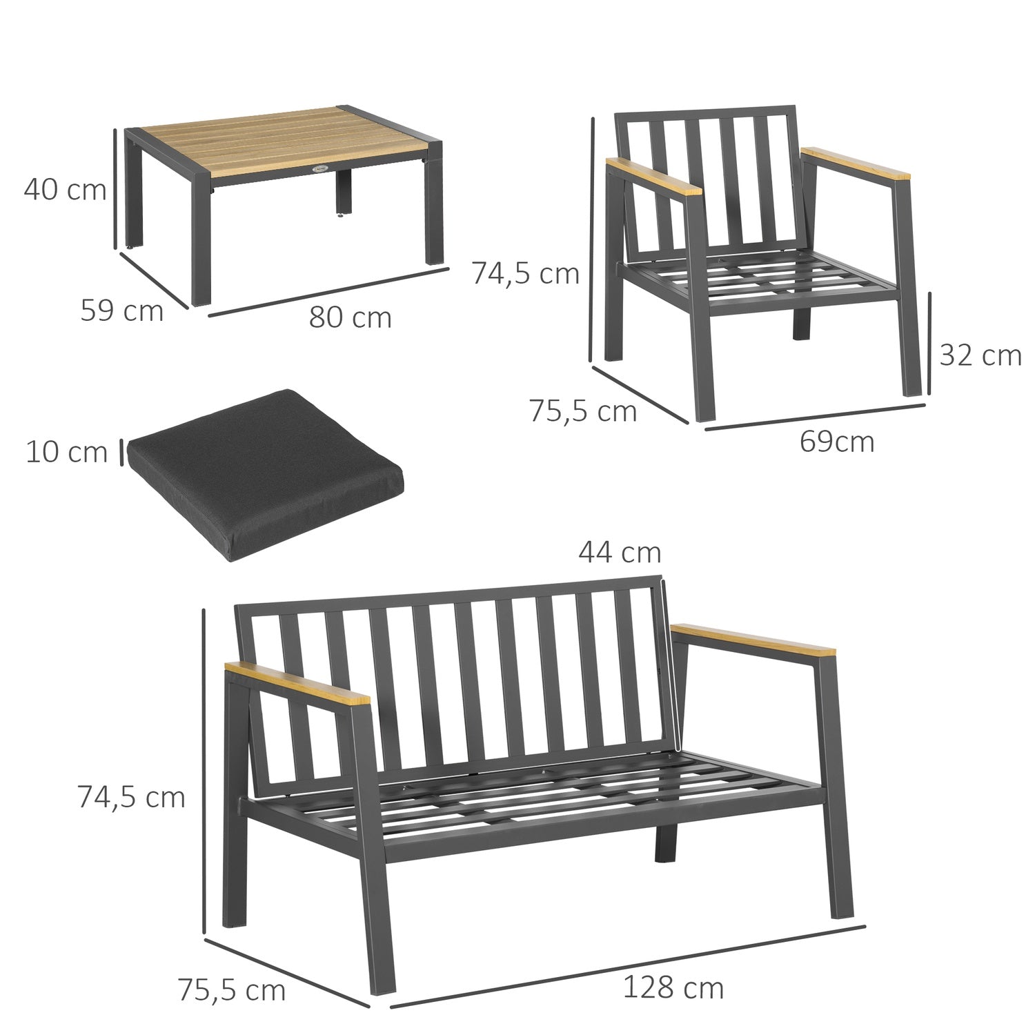 Trädgårdsmöbler i aluminium för 4 med grått soffbord
