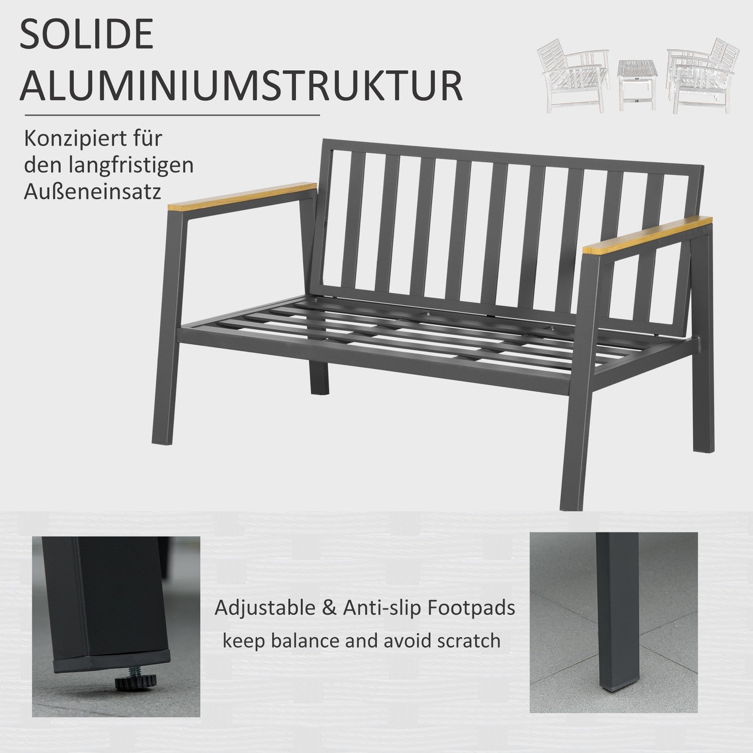 Trädgårdsmöbler i aluminium för 4 med grått soffbord