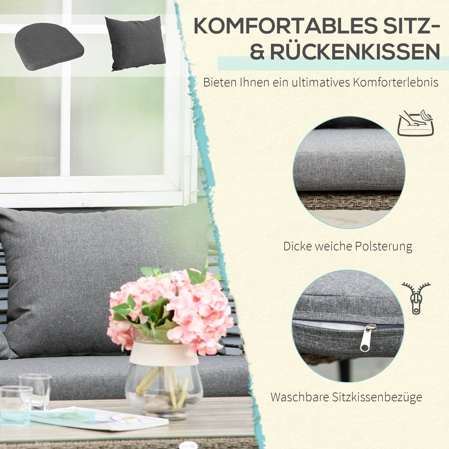 Trädgårdsmöbler i polyrattan med kuddar för 4 – Brun/Grå