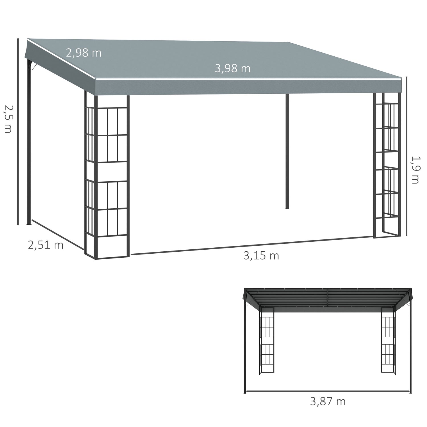 Trädgårdspergola 4x3m metallram, grå polyesterkapell
