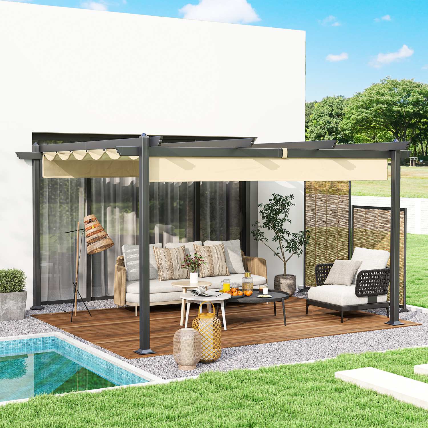 Hliníková zahradní pergola s nastavitelnou střechou, 4x4 m, béžová
