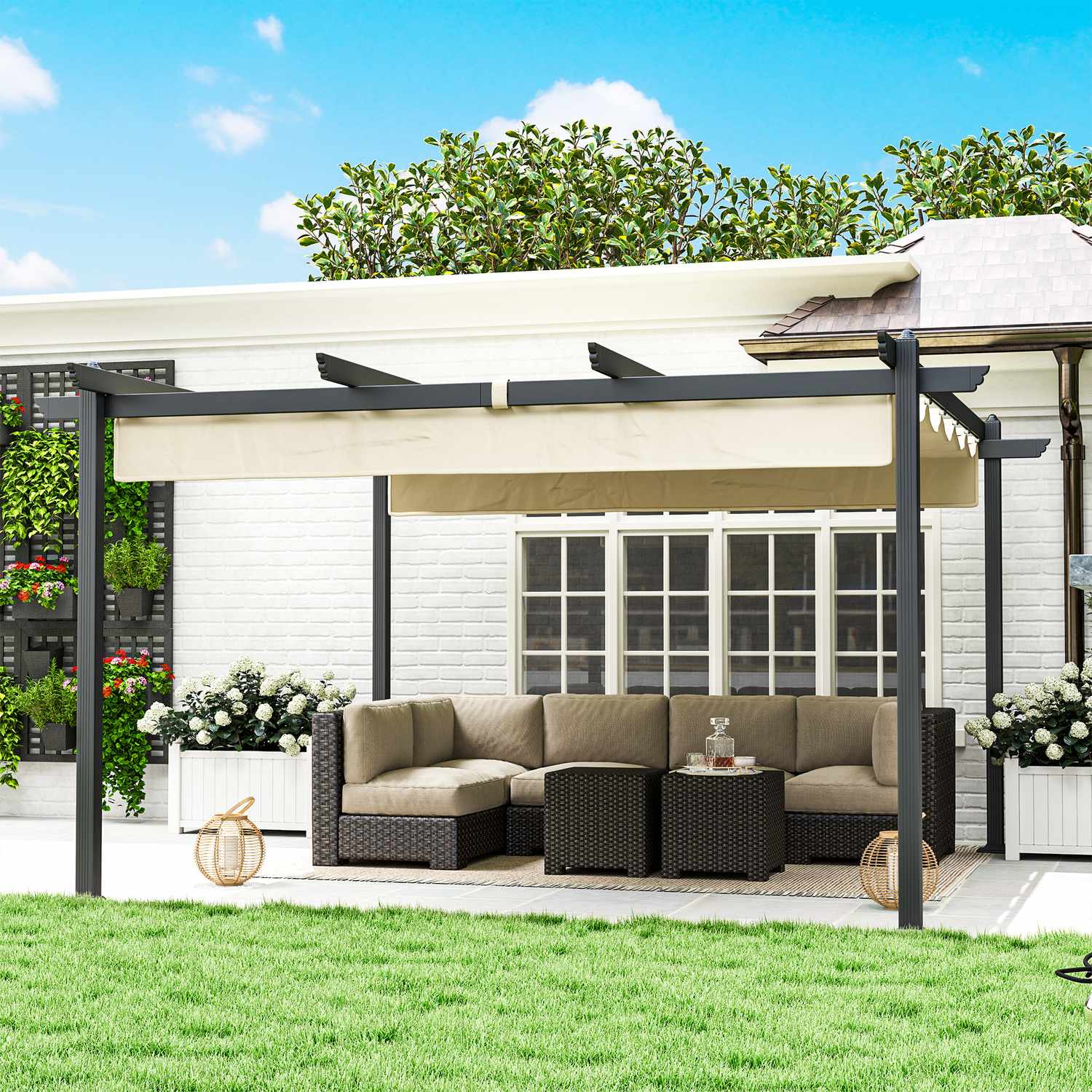 Hliníková zahradní pergola s nastavitelnou střechou, 4x4 m, béžová