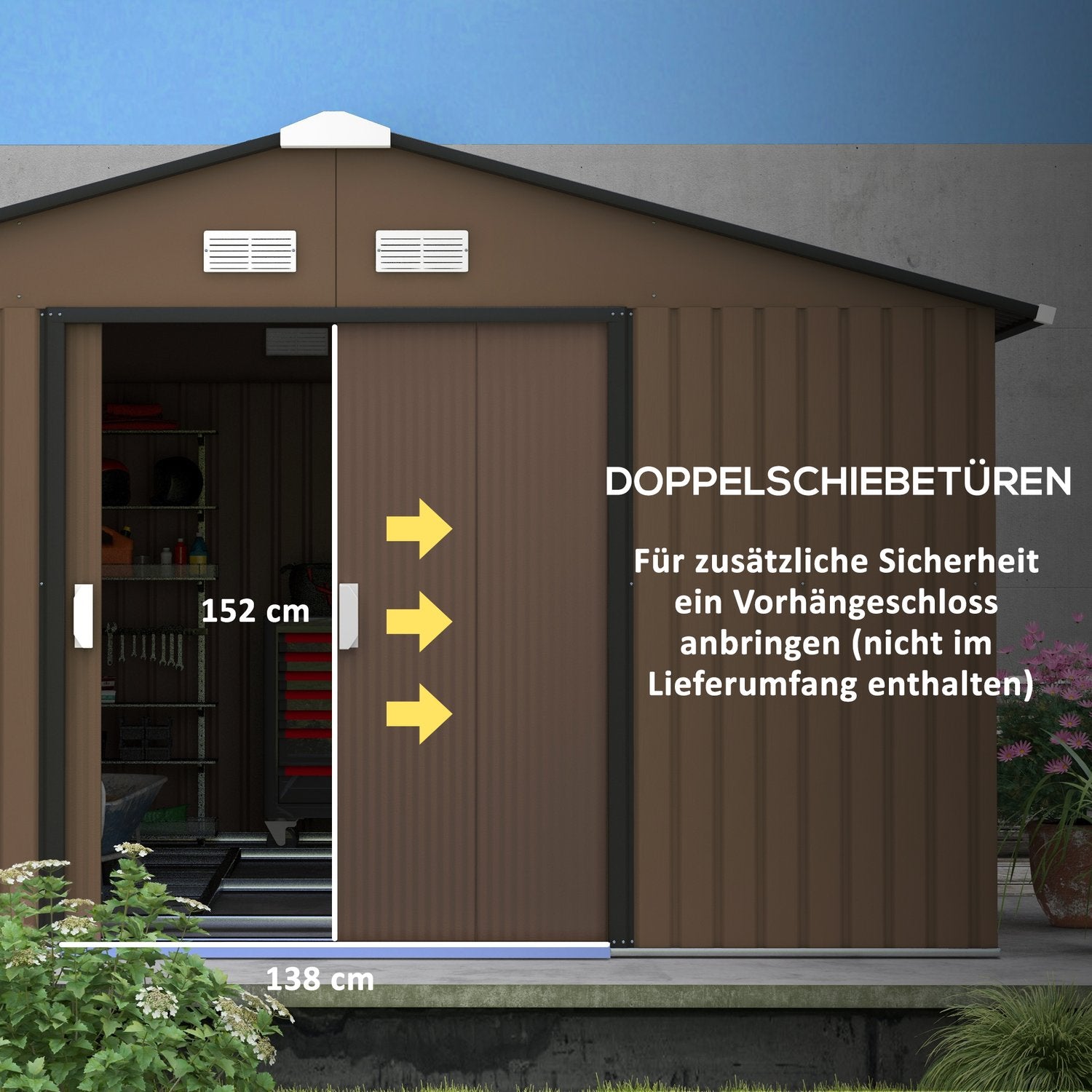 Trädgårdsredskapsbod, 12,4 m², stål, väderbeständig, brun