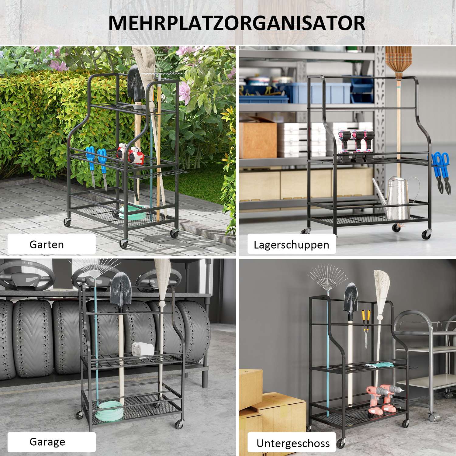 Stojan na zahradní nářadí s háčky – 3 úrovně, nosnost 40 kg