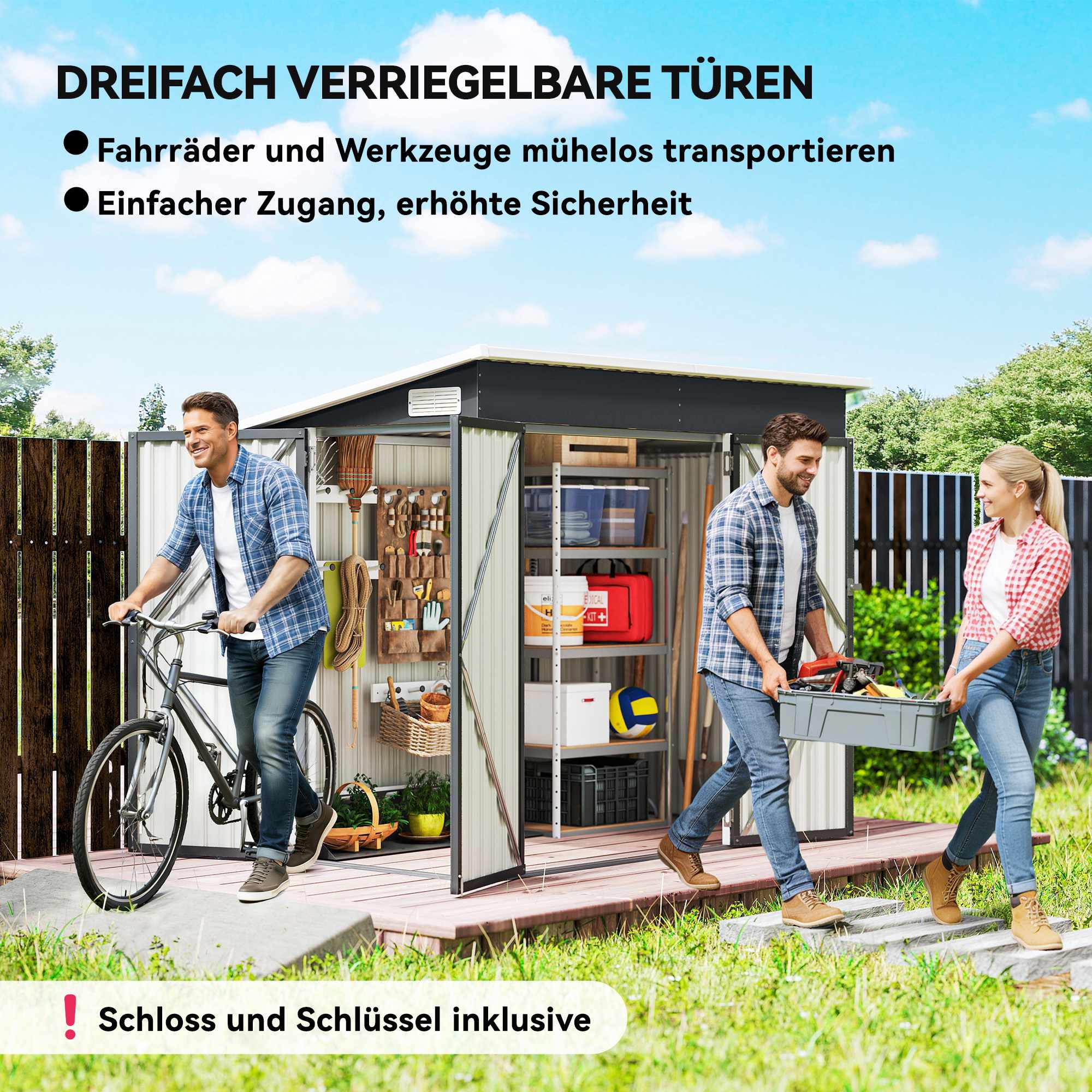 Trädgårdsskjul i metall med dubbeldörrar, låsbart, stål