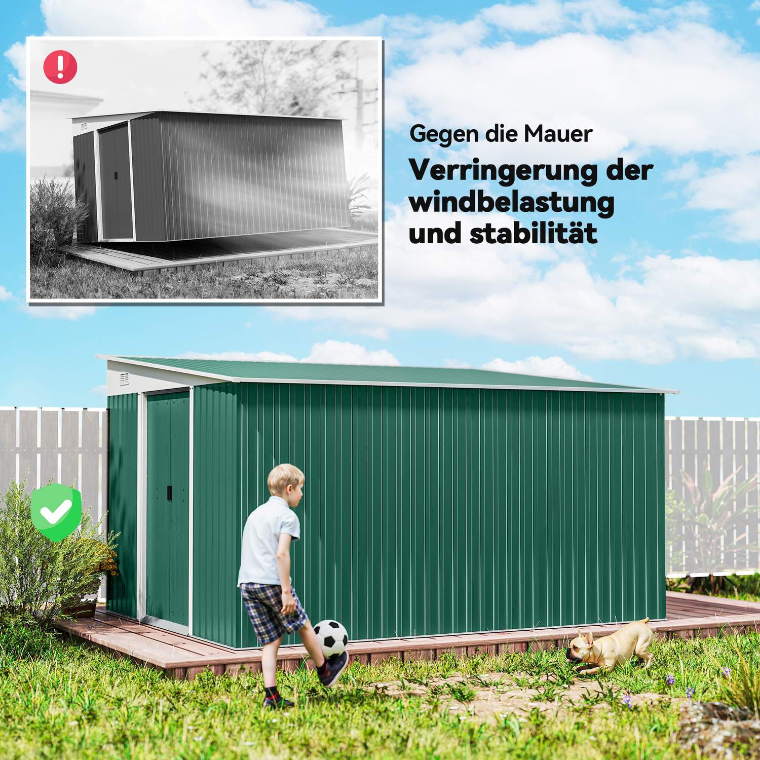 Trädgårdsskjul i metall med sluttande tak, låsbar dubbeldörr