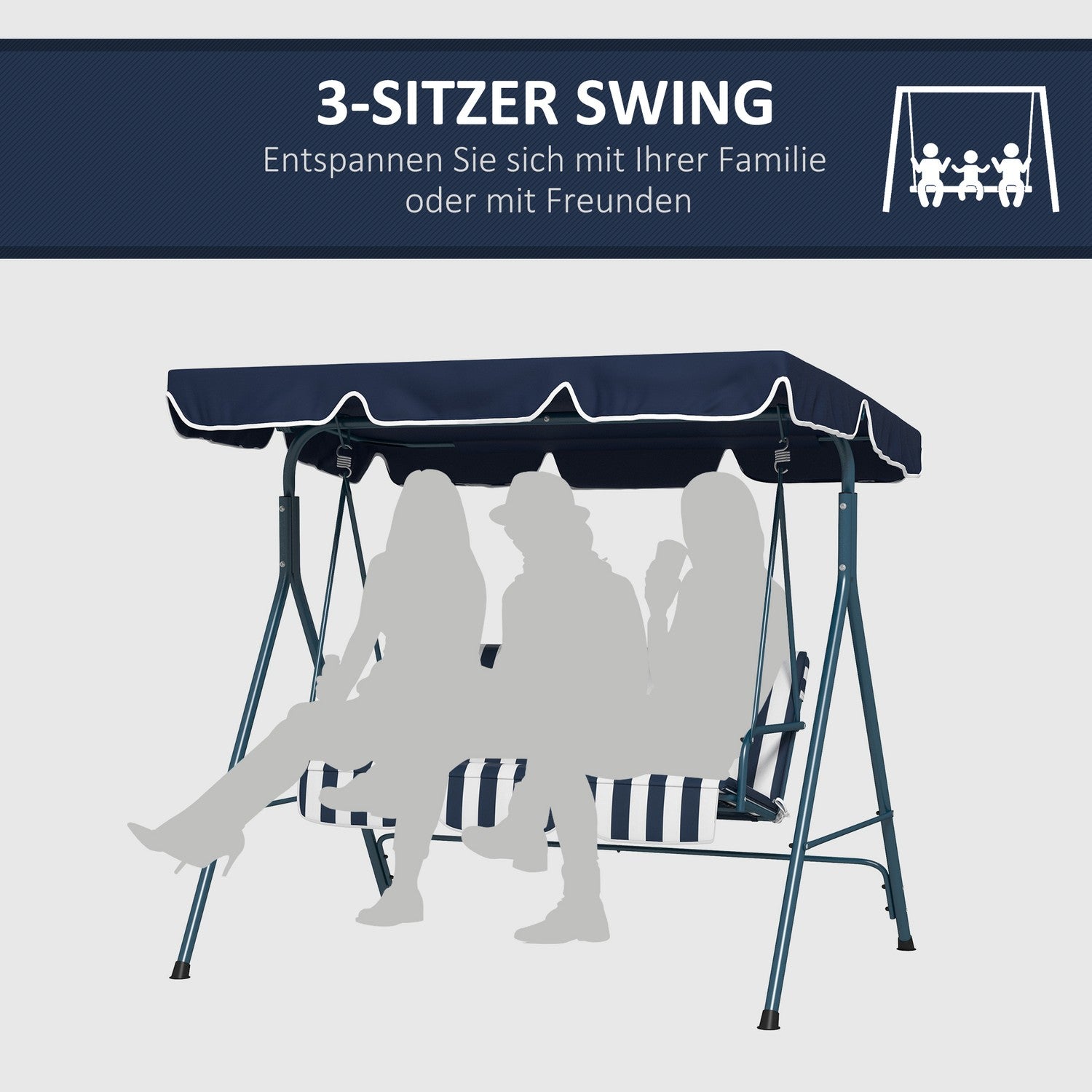 Trädgårdssvingbänk, 3-sits, justerbart tak, blå