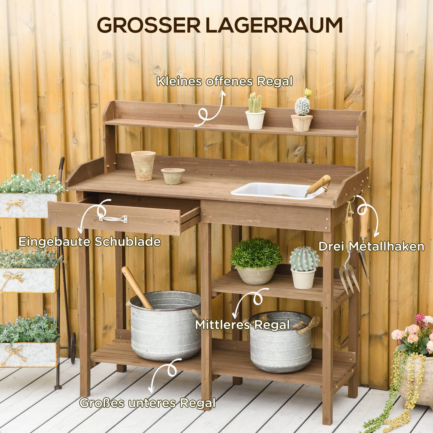 Trädgårdsväxtbord i trä med badkar, brunt - 117 x 45 x 121 cm