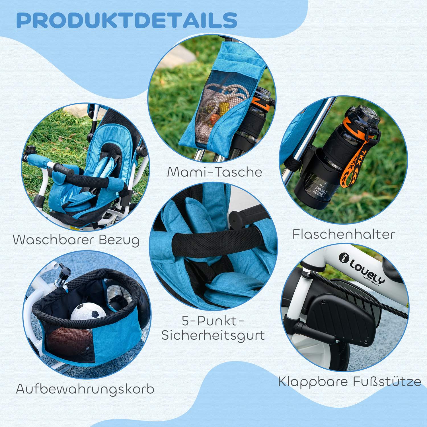 Trehjuling för barn, barncykel, ryggkorg, mugghållare, solskydd, metall, blå