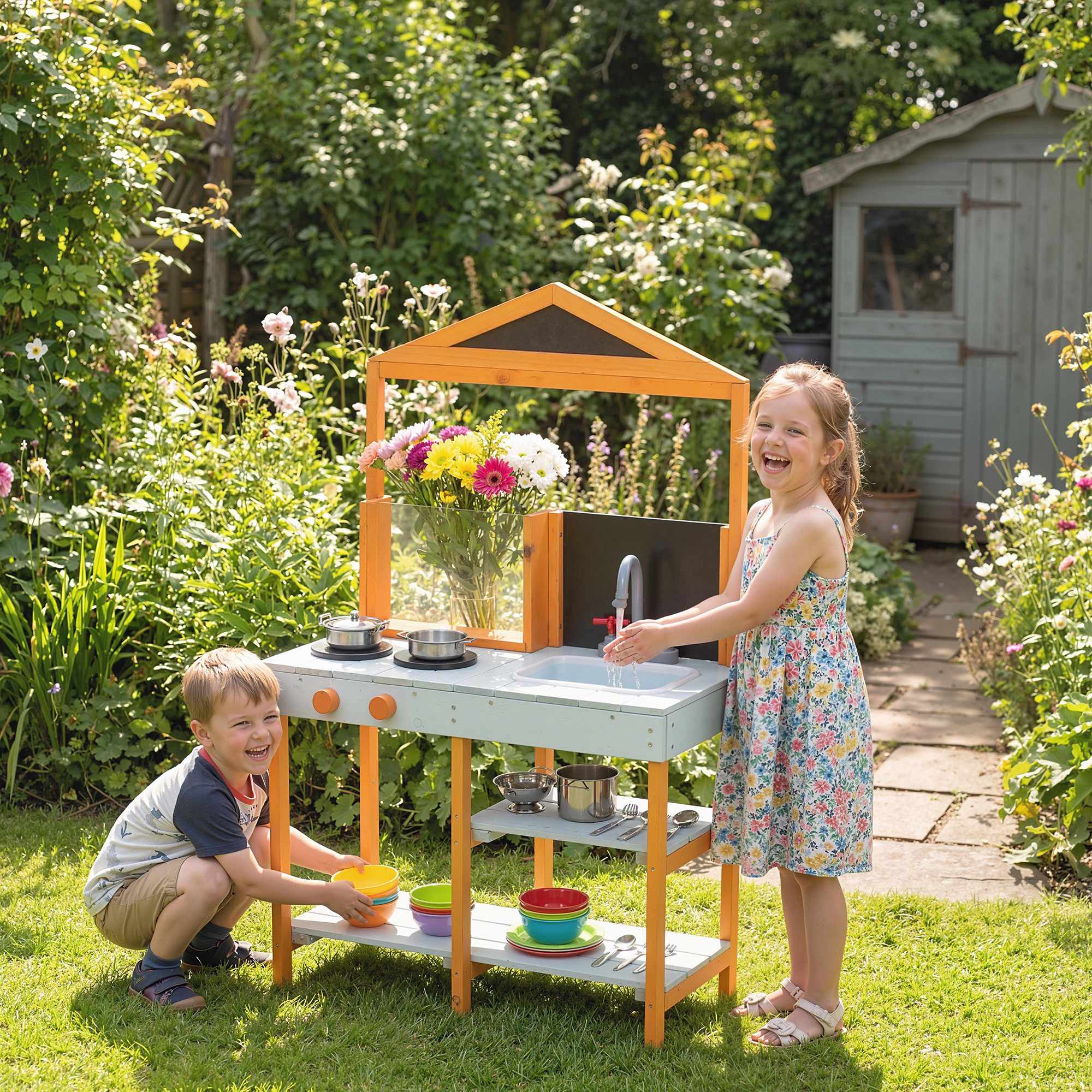 Trälekkök för barn med handfat och hyllor