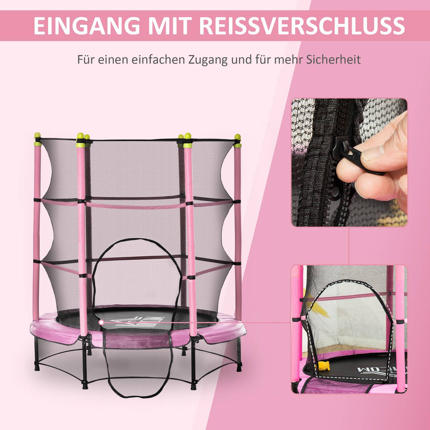 Träningsstudsmatta för barn med skyddsnät, rosa, 45 kg-gräns