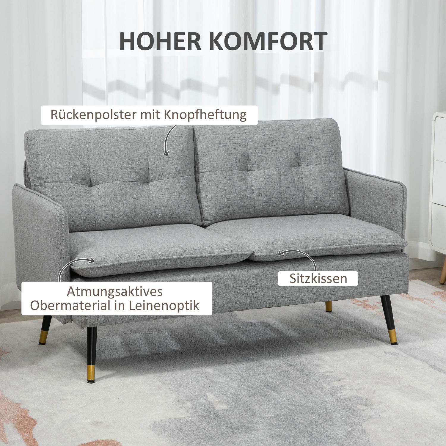 Tvåsits grå soffa med kuddar, linnelook