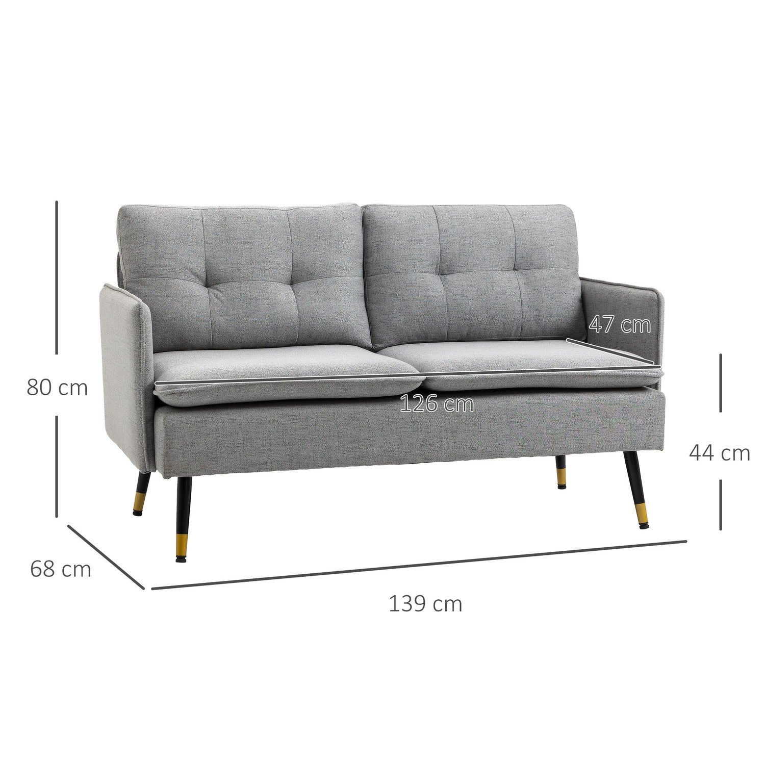 Tvåsits grå soffa med kuddar, linnelook