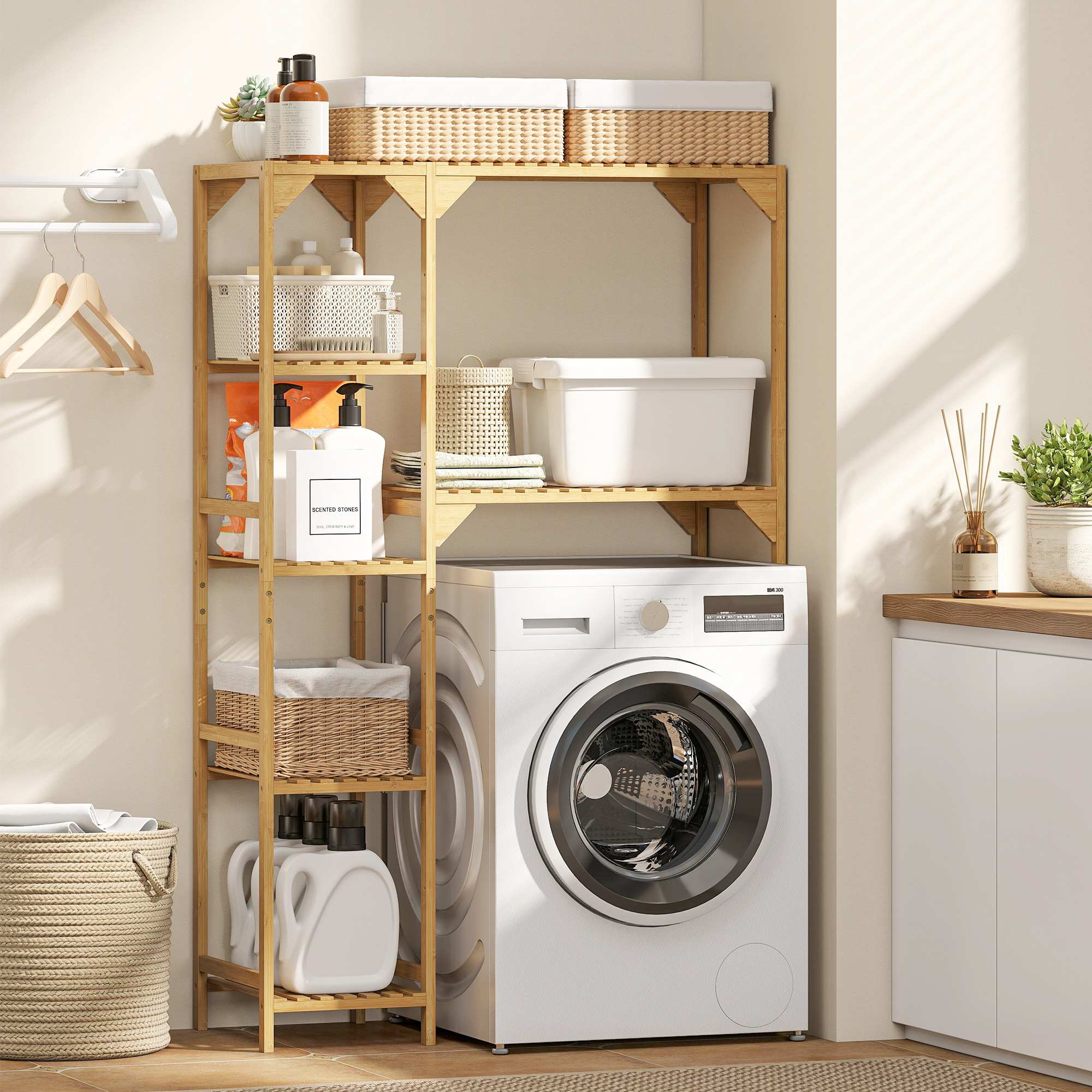 Tvättmaskinshylla, bambu, 7 justerbara hyllplan, platsbesparande