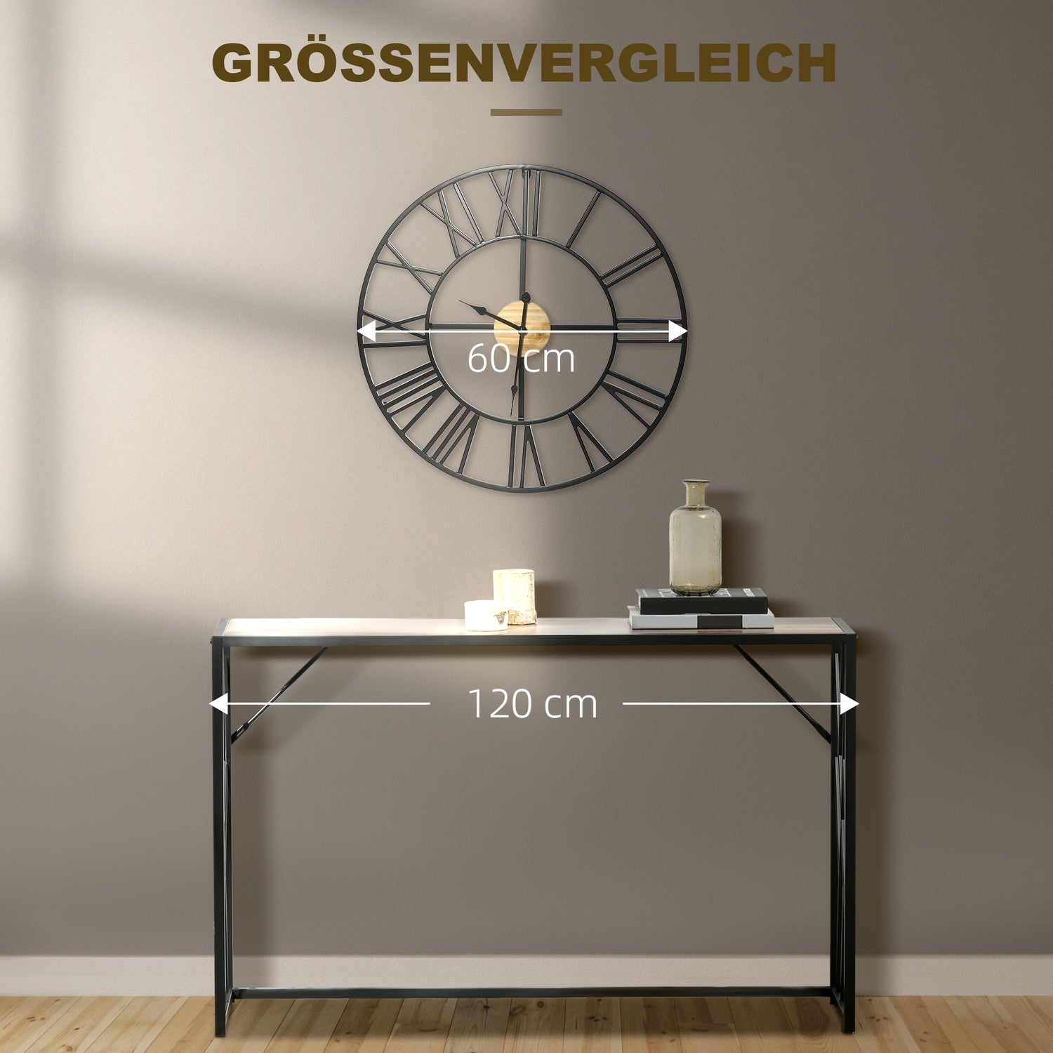 Tyst vintage 60 cm metall väggklocka, romerska siffror