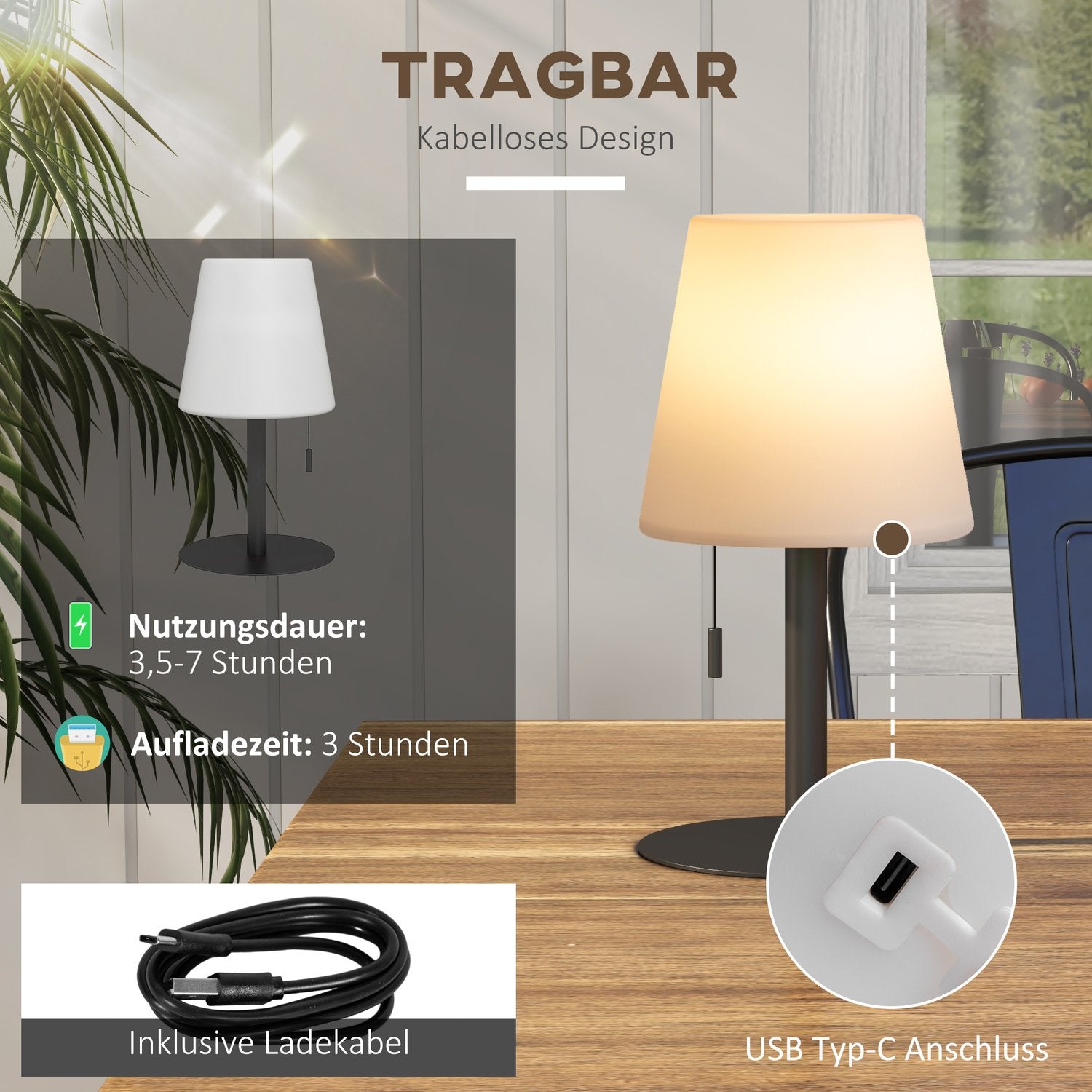 USB uppladdningsbar LED-bordslampa, dimbar, inomhus/utomhus