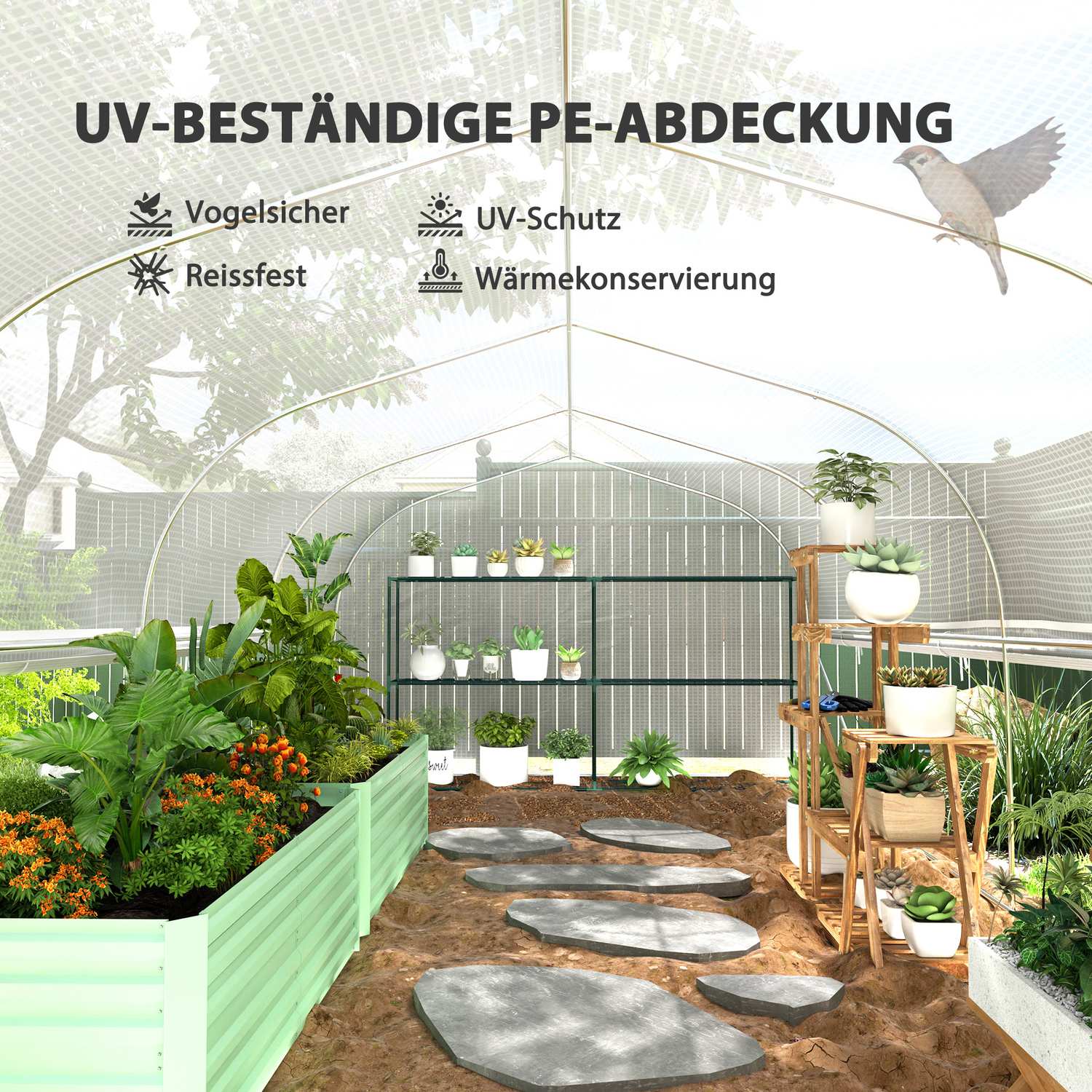 UV odolný skleník 6x3x2m, rolovací boční stěny, ocelová konstrukce