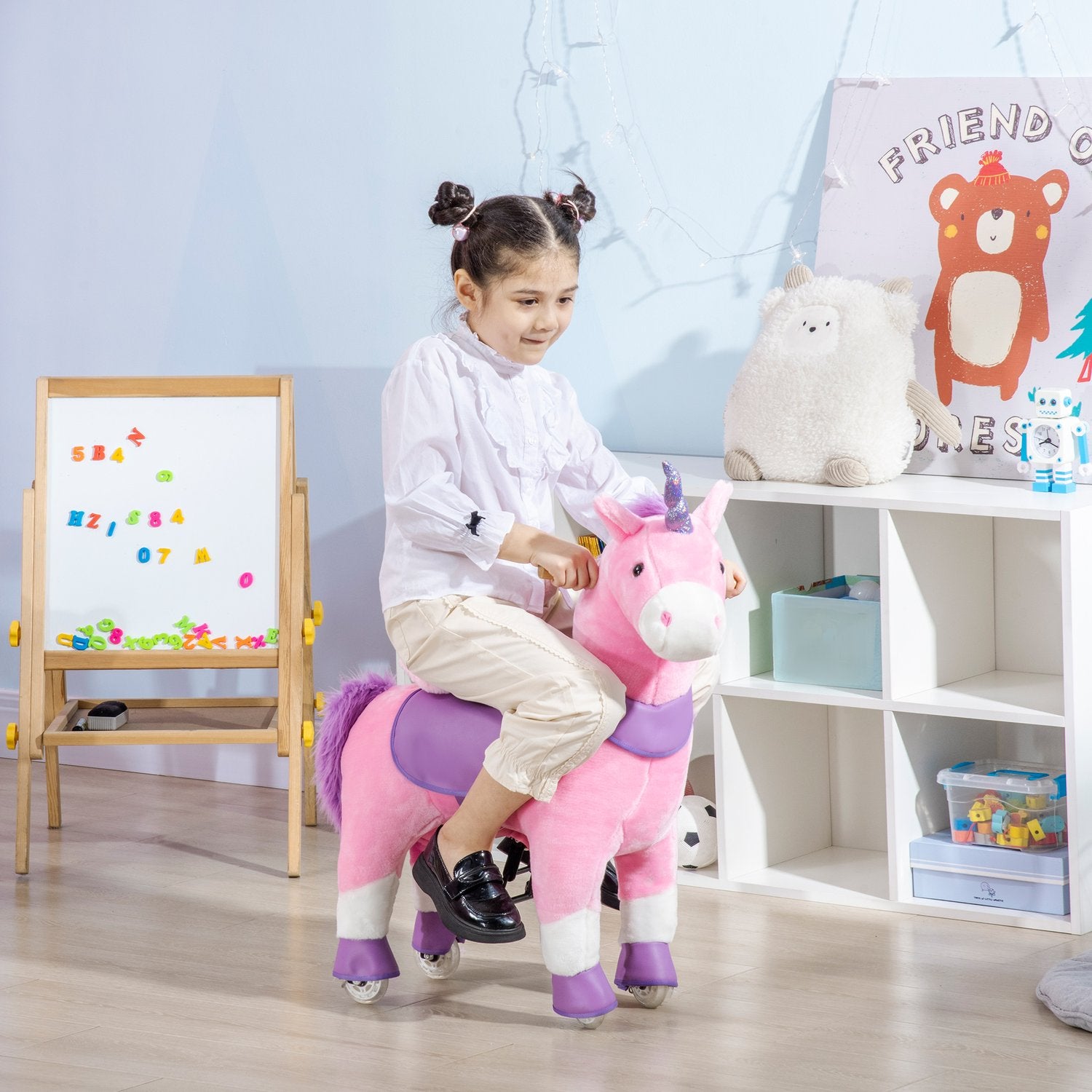 Unicorn gunghäst med vadderad sadel, 4 hjul, rosa
