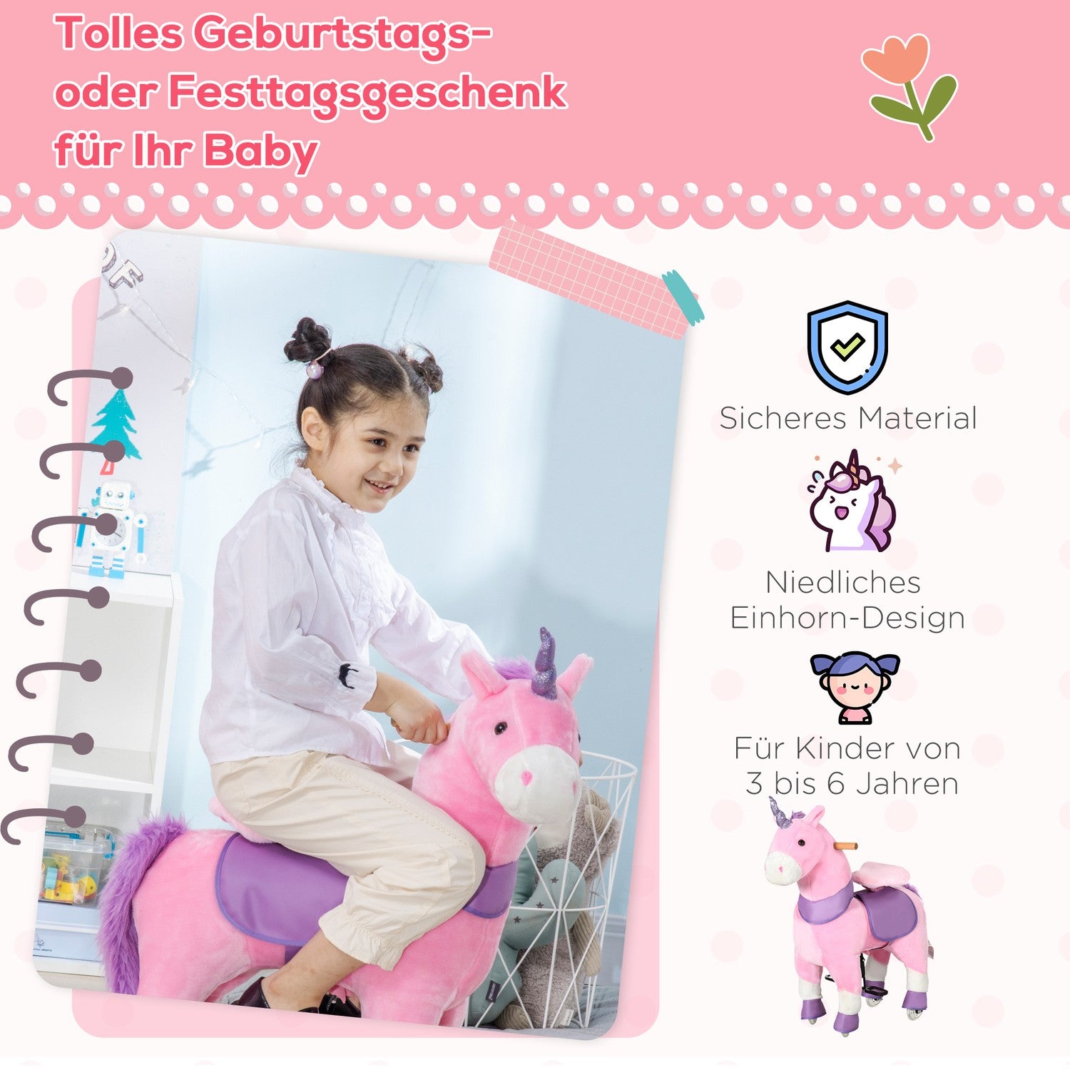 Unicorn gunghäst med vadderad sadel, 4 hjul, rosa