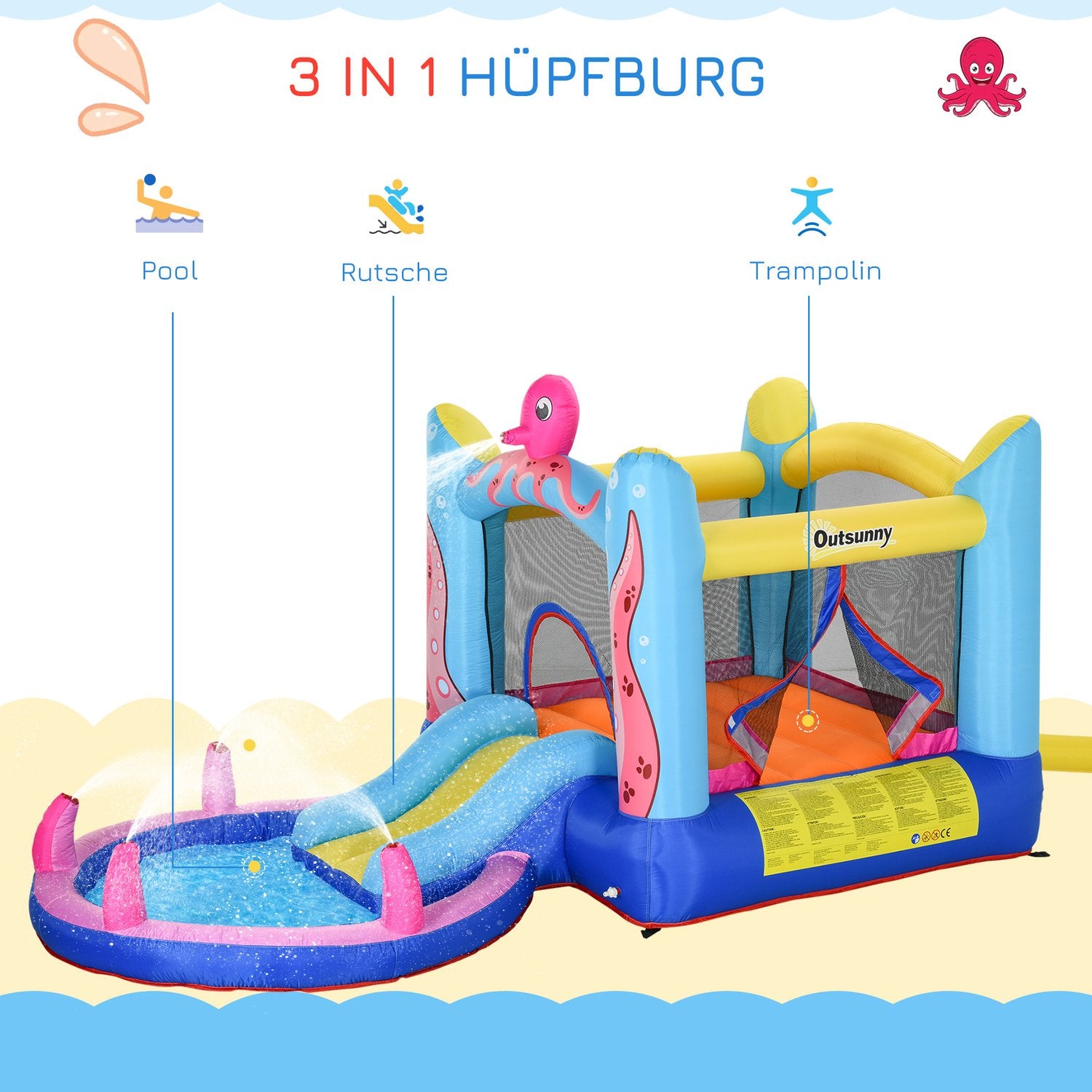 Uppblåsbar bläckfisk hoppborg med rutschkana och pool