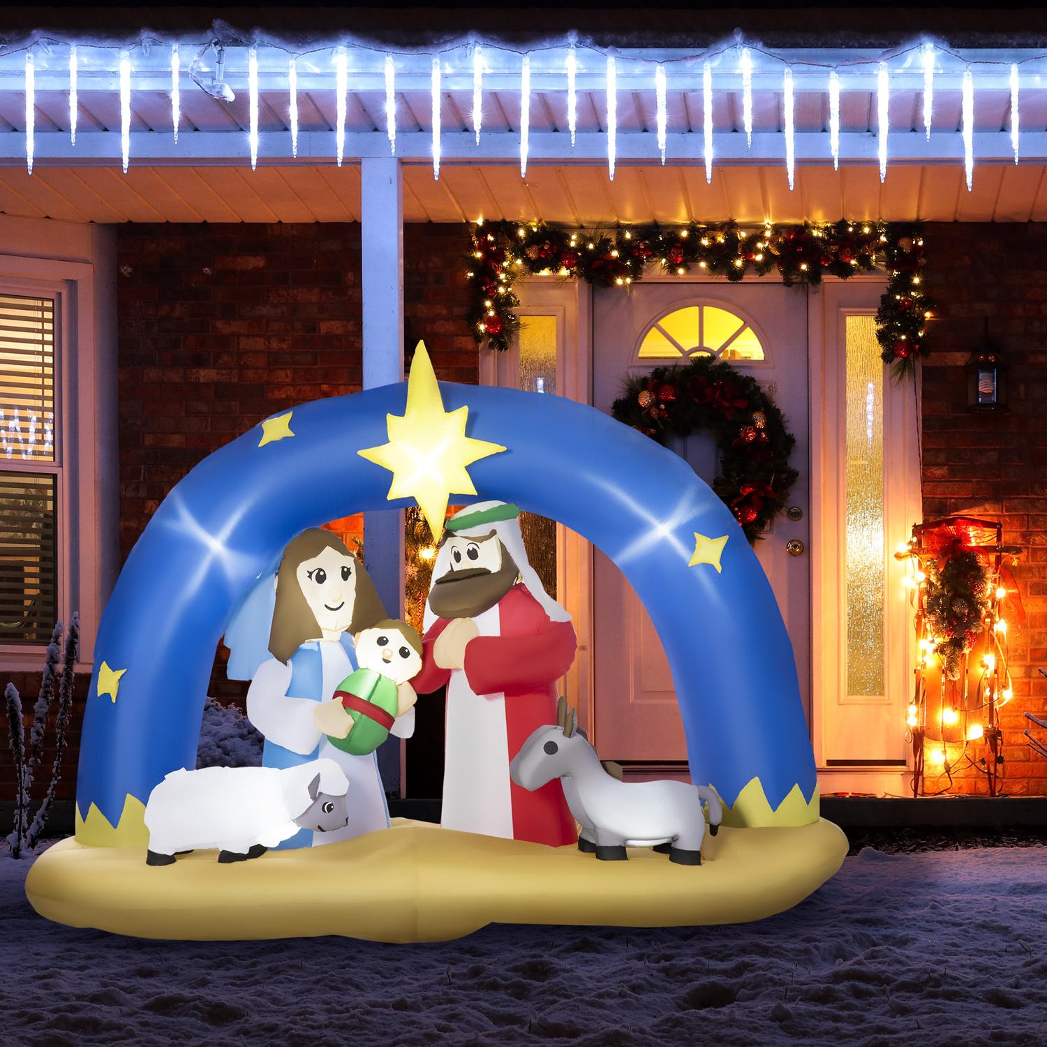 Uppblåsbar julkrubba – blå/brun LED-valv, 157 cm