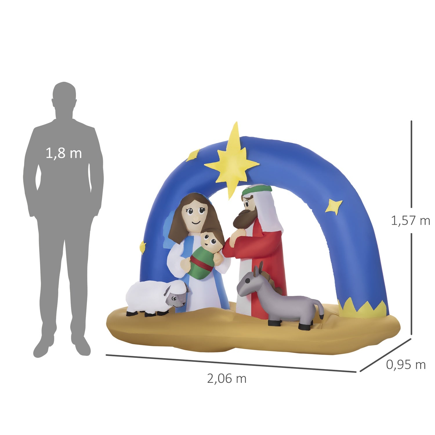 Uppblåsbar julkrubba – blå/brun LED-valv, 157 cm
