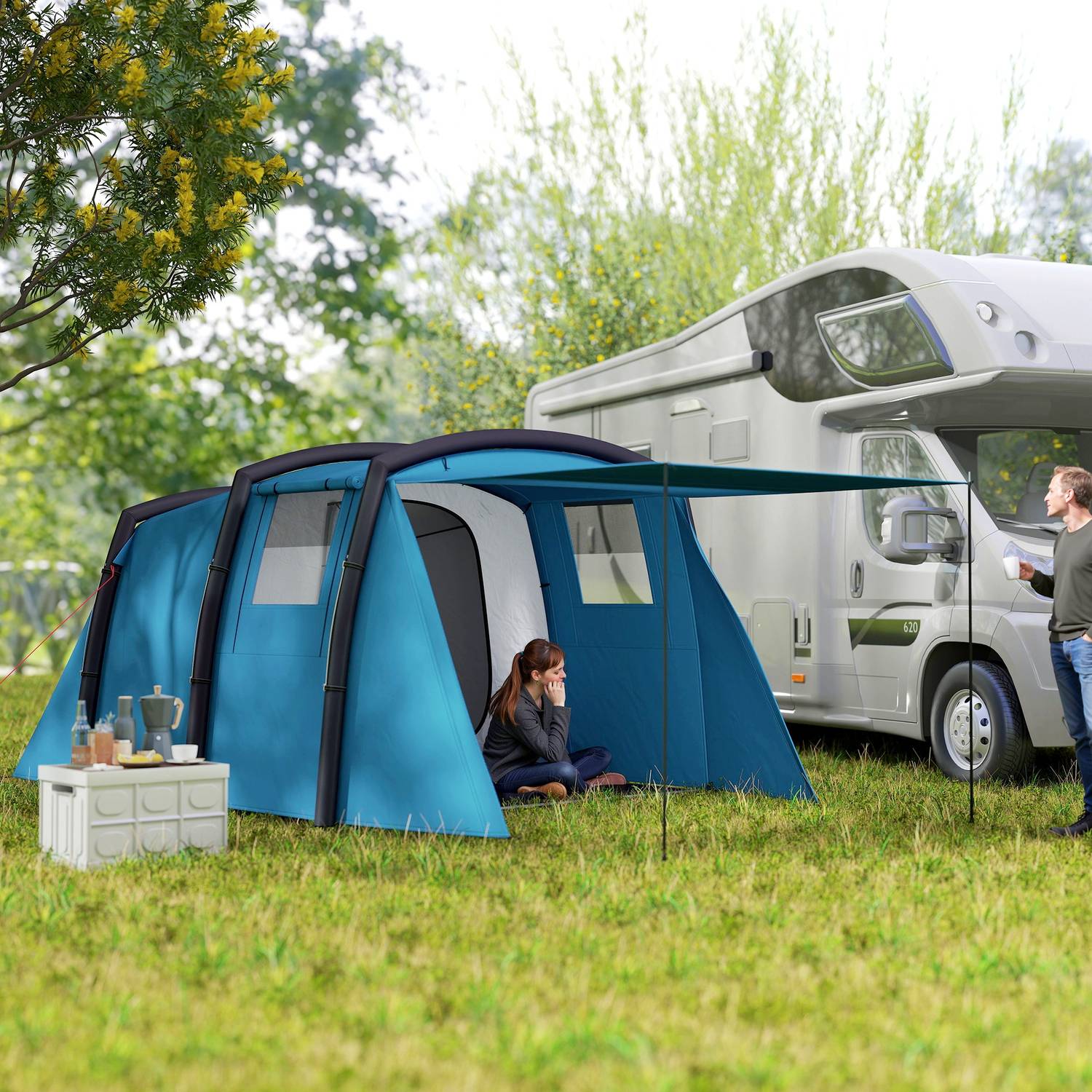 Nafukovací kempingový stan pro 3–6 osob, UV50+, větruodolný, pro 3 roční období