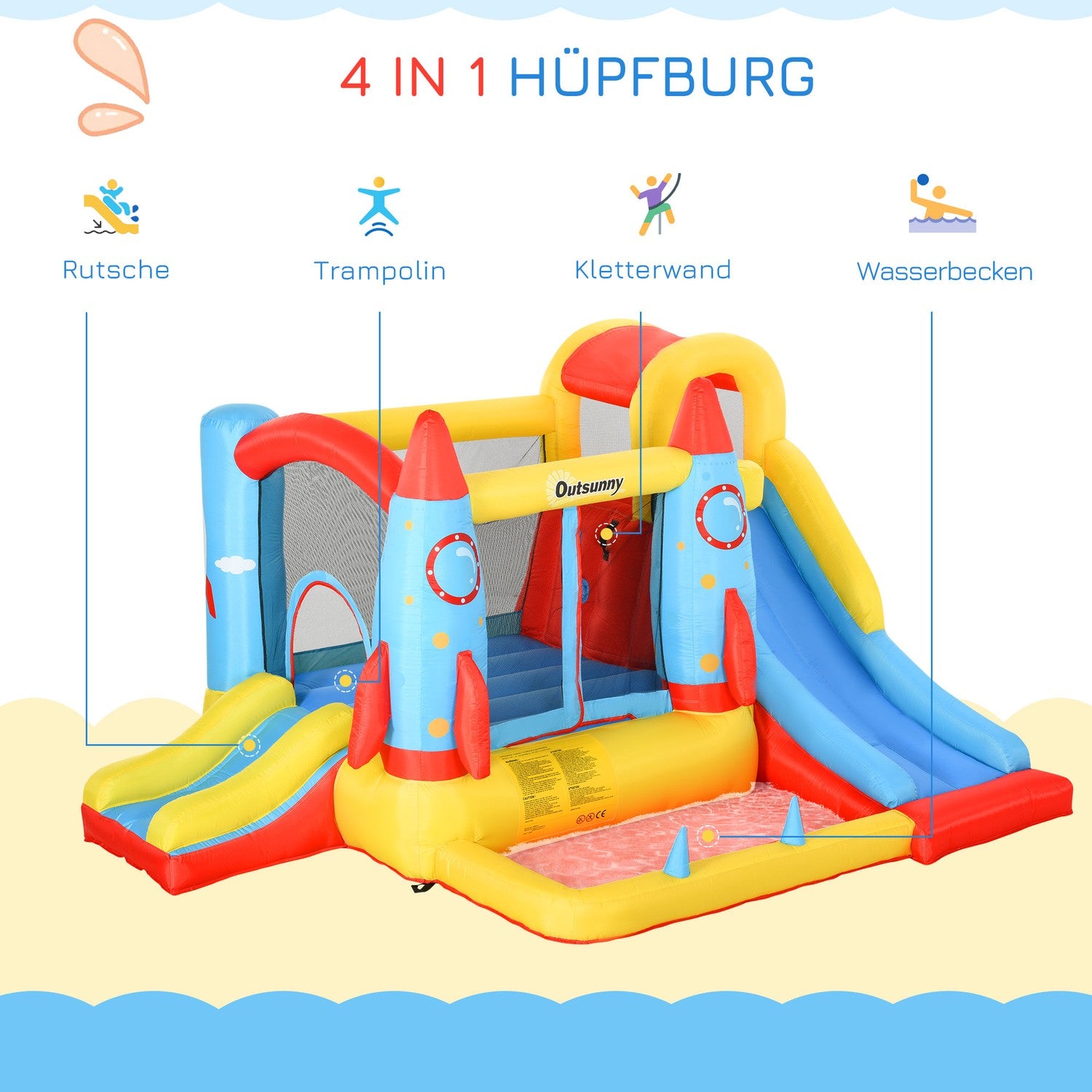 Uppblåsbart hoppborg med vattenrutschbana – storlek XXL, 3-10 år