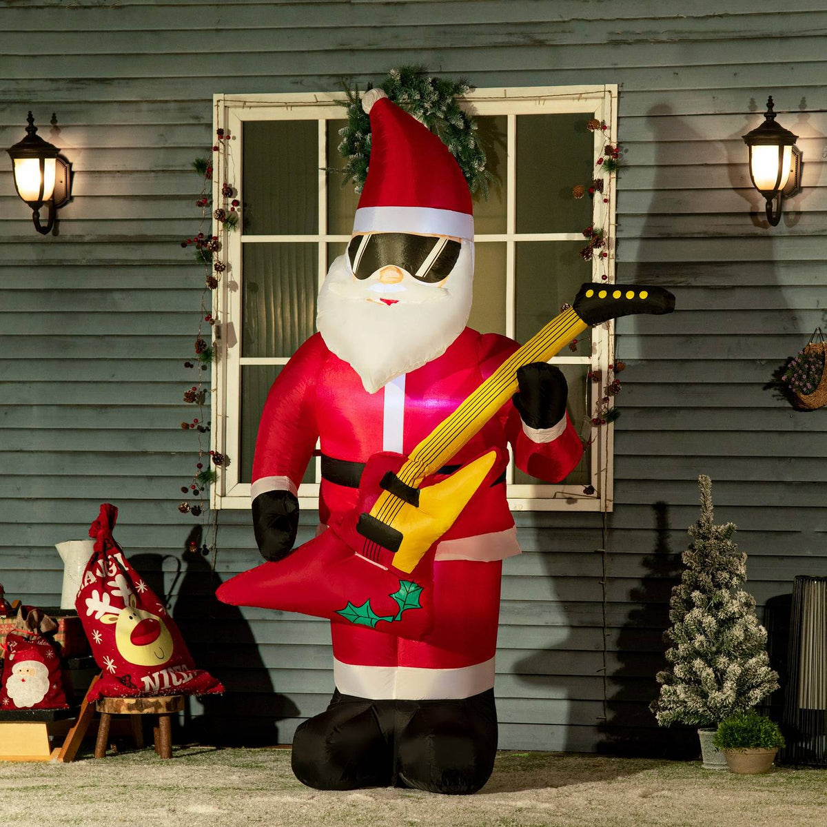 Nafukovací Santa s kytarou a LED světly, 215 cm, voděodolný