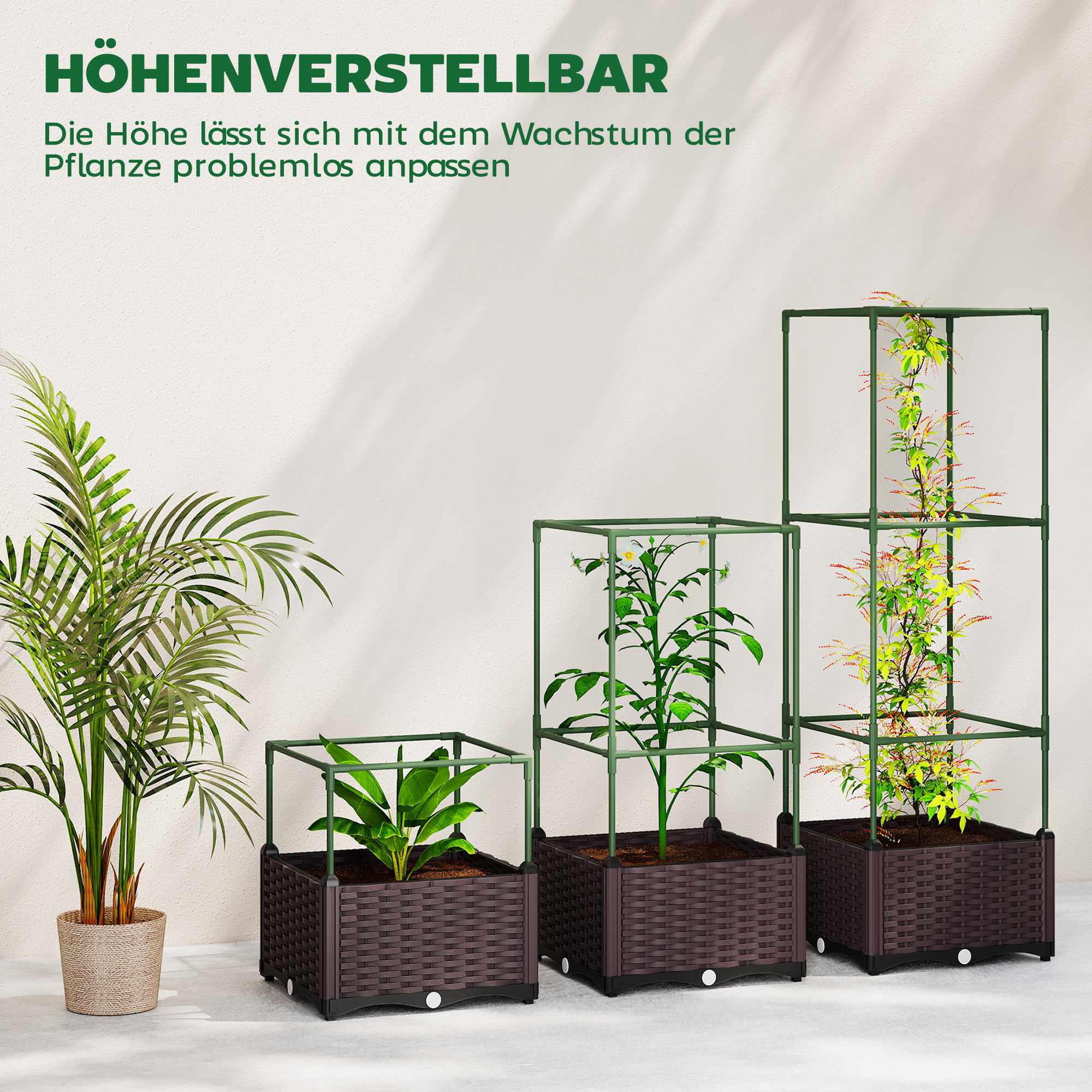 Upphöjda rabatter med spaljé, 3-pack, dränering