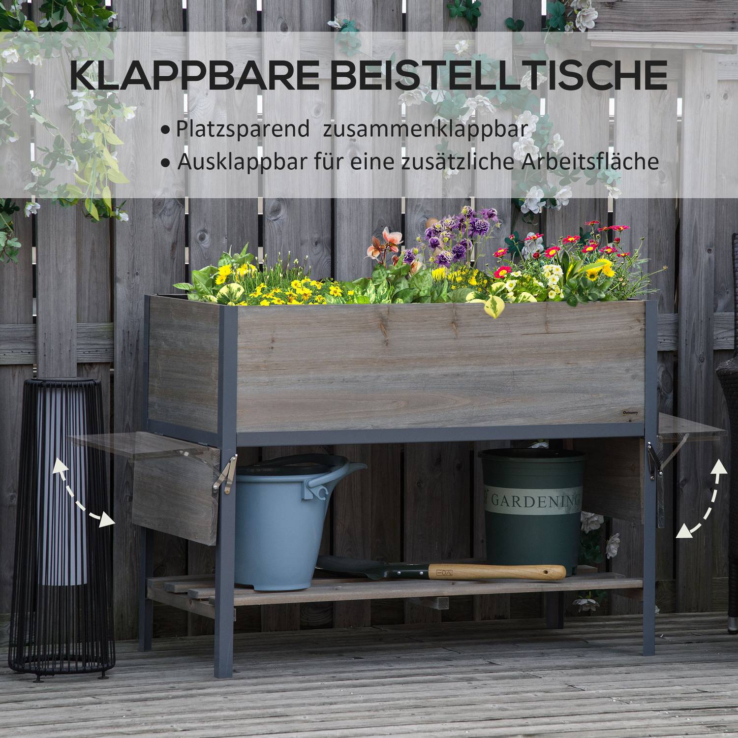 Upphöjd bäddkruka med hopfällbara hyllor, massivt trä, 140cm