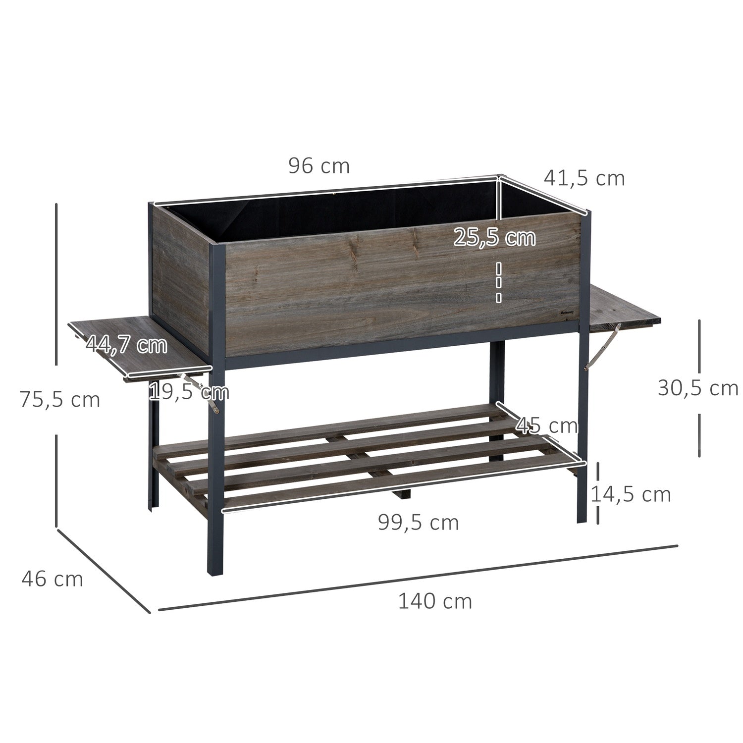 Upphöjd bäddkruka med hopfällbara hyllor, massivt trä, 140cm