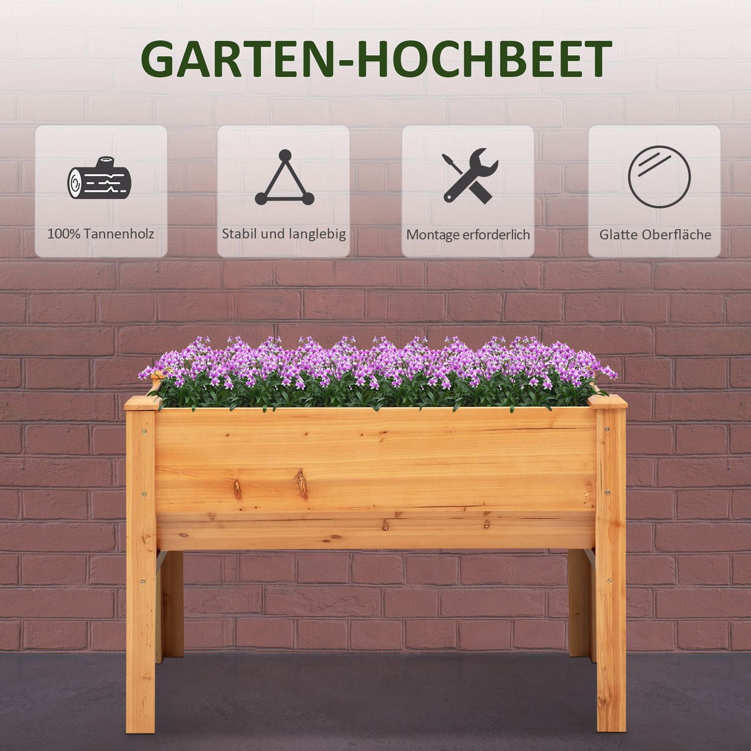 Upphöjd träbädd för örter och blommor, med dränering och krokar