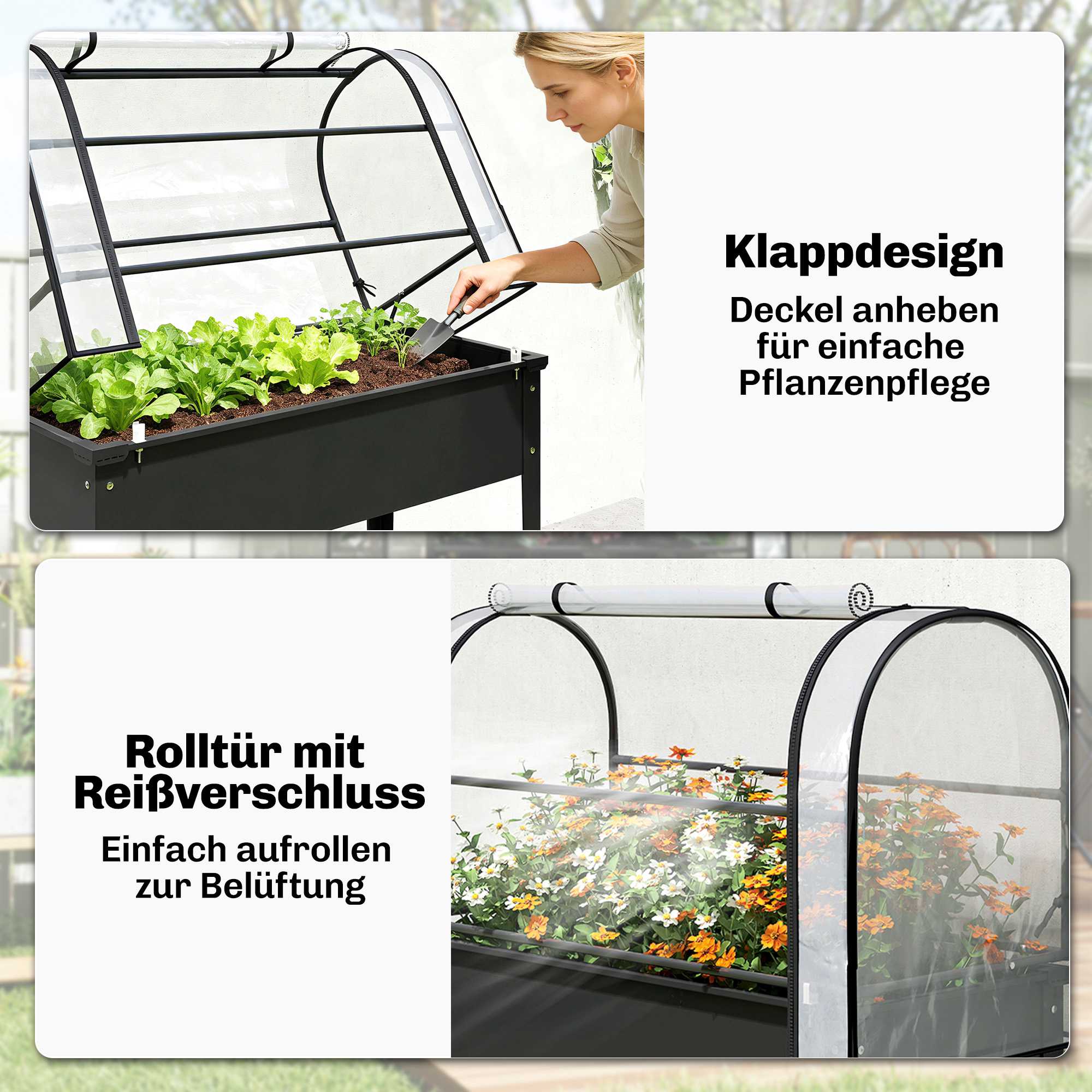 Upphöjd trädgårdsbädd med genomskinligt överdrag, metall, 100x49x136 cm