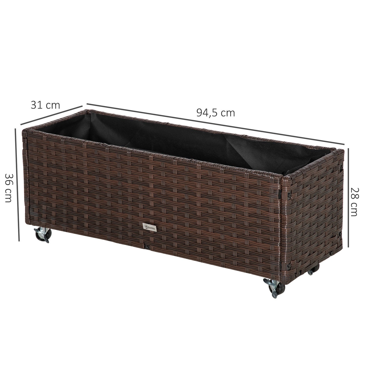 Upphöjd trädgårdssäng med hjul, kaffebrun rotting – 95x31 cm